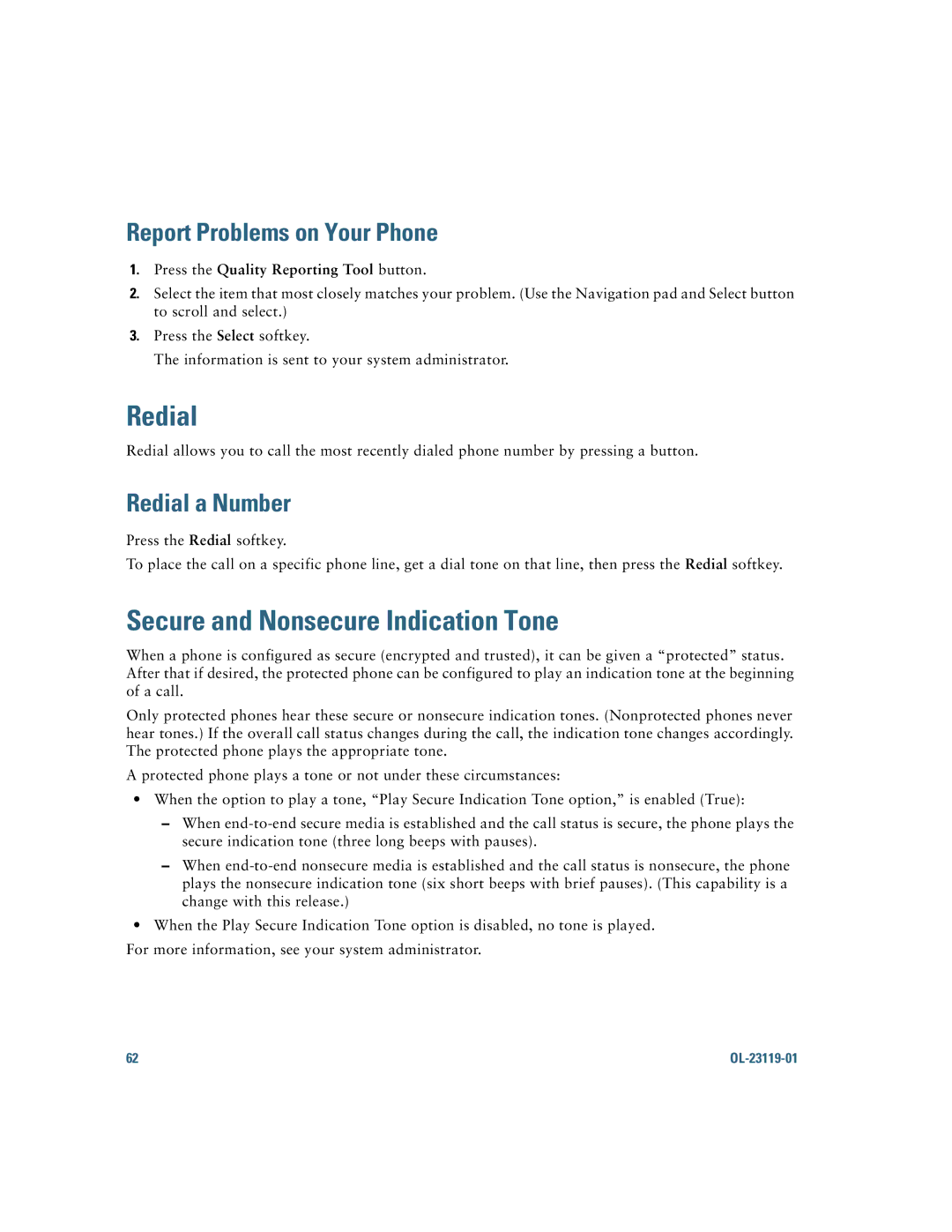 Cisco Systems IP Phone 8941 and 8945 manual Redial, Secure and Nonsecure Indication Tone, Report Problems on Your Phone 