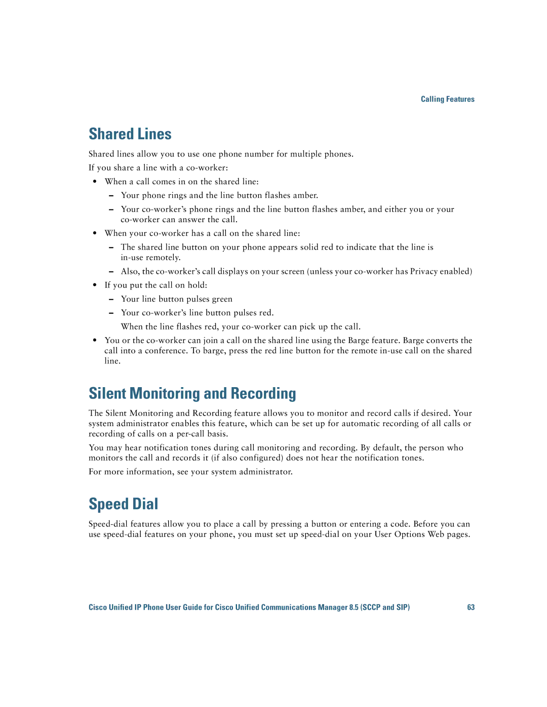 Cisco Systems IP Phone 8941 and 8945 manual Shared Lines, Silent Monitoring and Recording, Speed Dial 