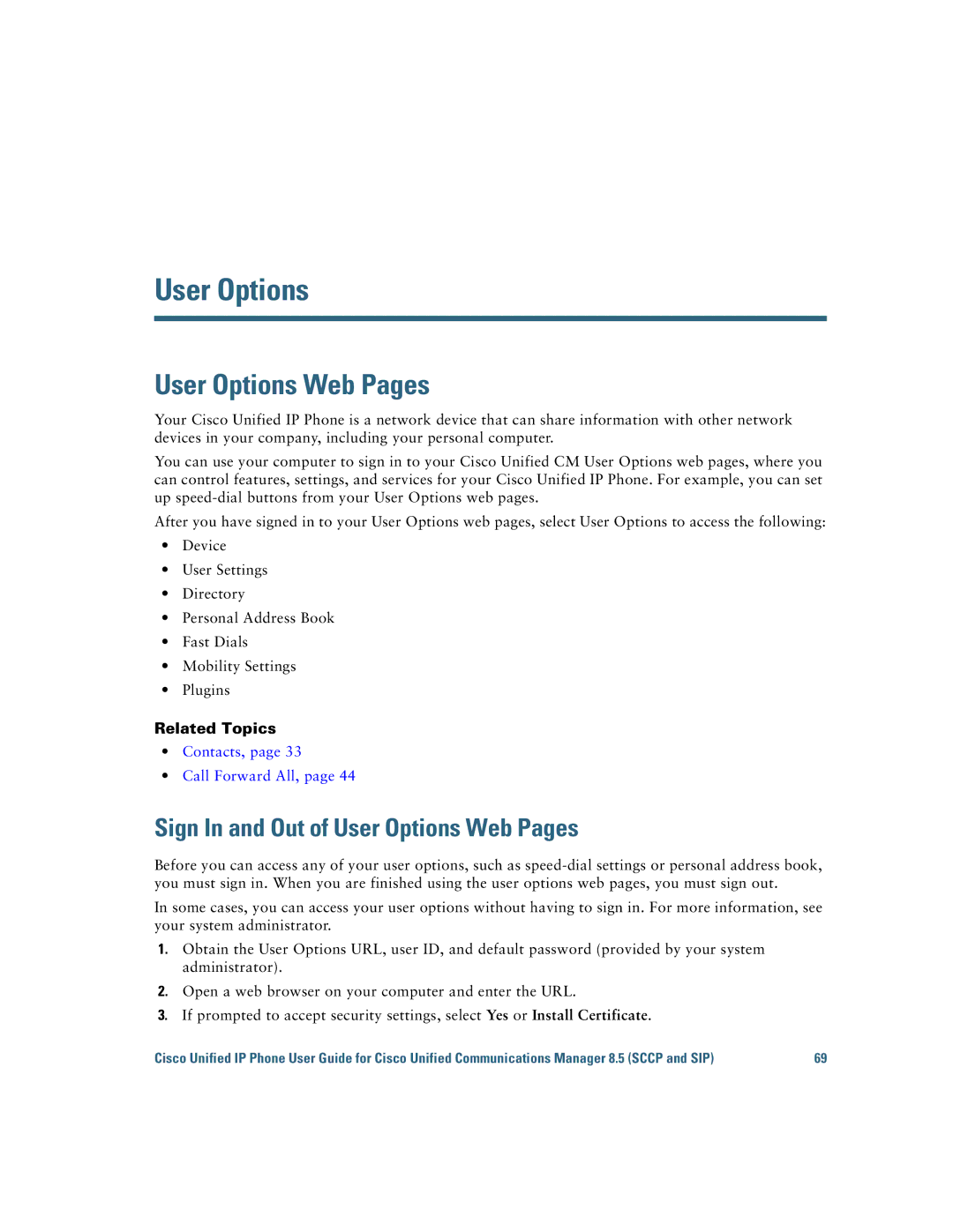 Cisco Systems IP Phone 8941 and 8945 manual Sign In and Out of User Options Web Pages 