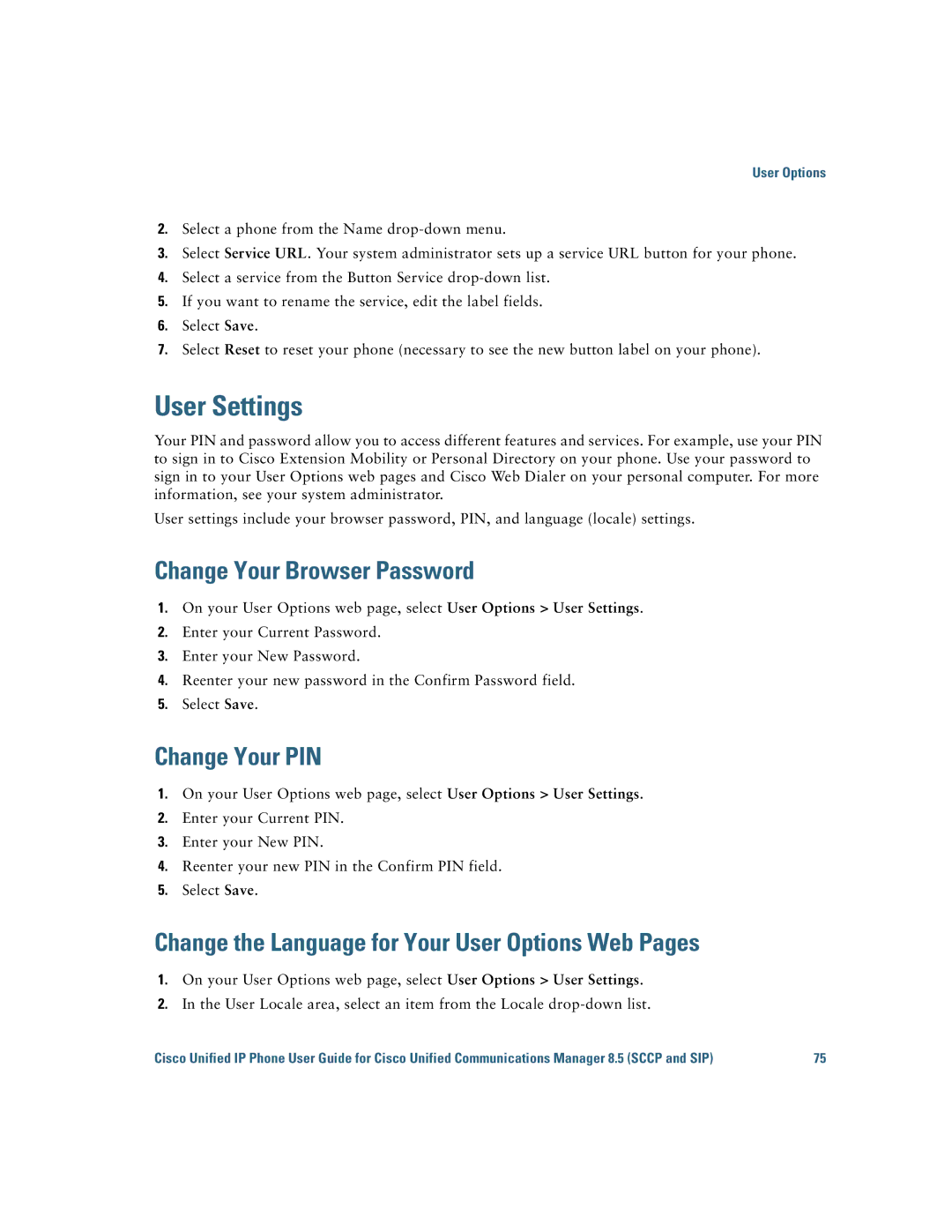 Cisco Systems IP Phone 8941 and 8945 manual User Settings, Change Your Browser Password, Change Your PIN 