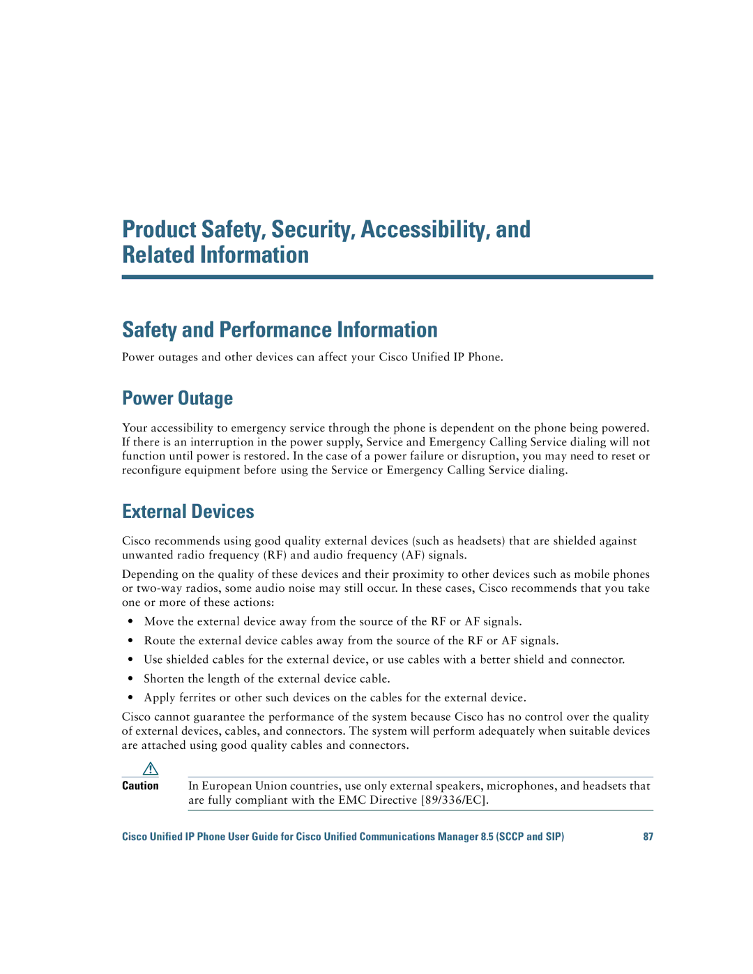 Cisco Systems IP Phone 8941 and 8945 manual Safety and Performance Information, Power Outage, External Devices 