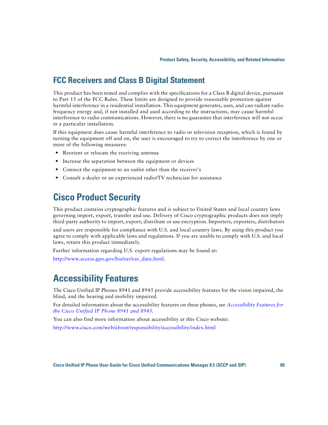 Cisco Systems IP Phone 8941 and 8945 manual Cisco Product Security, Accessibility Features 