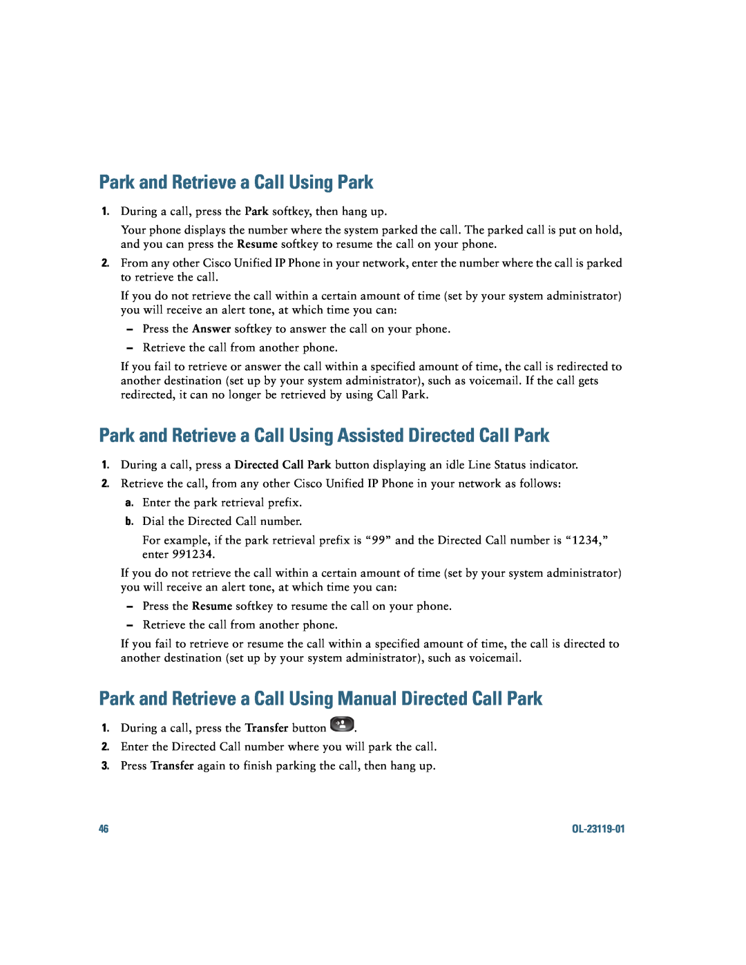Cisco Systems IP Phone 8941 and 8945 manual Park and Retrieve a Call Using Park 