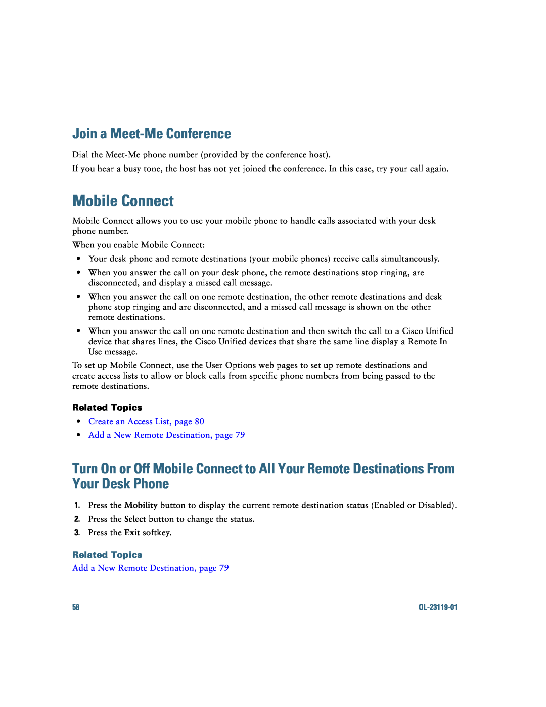 Cisco Systems IP Phone 8941 and 8945 manual Mobile Connect, Join a Meet-Me Conference, Related Topics 