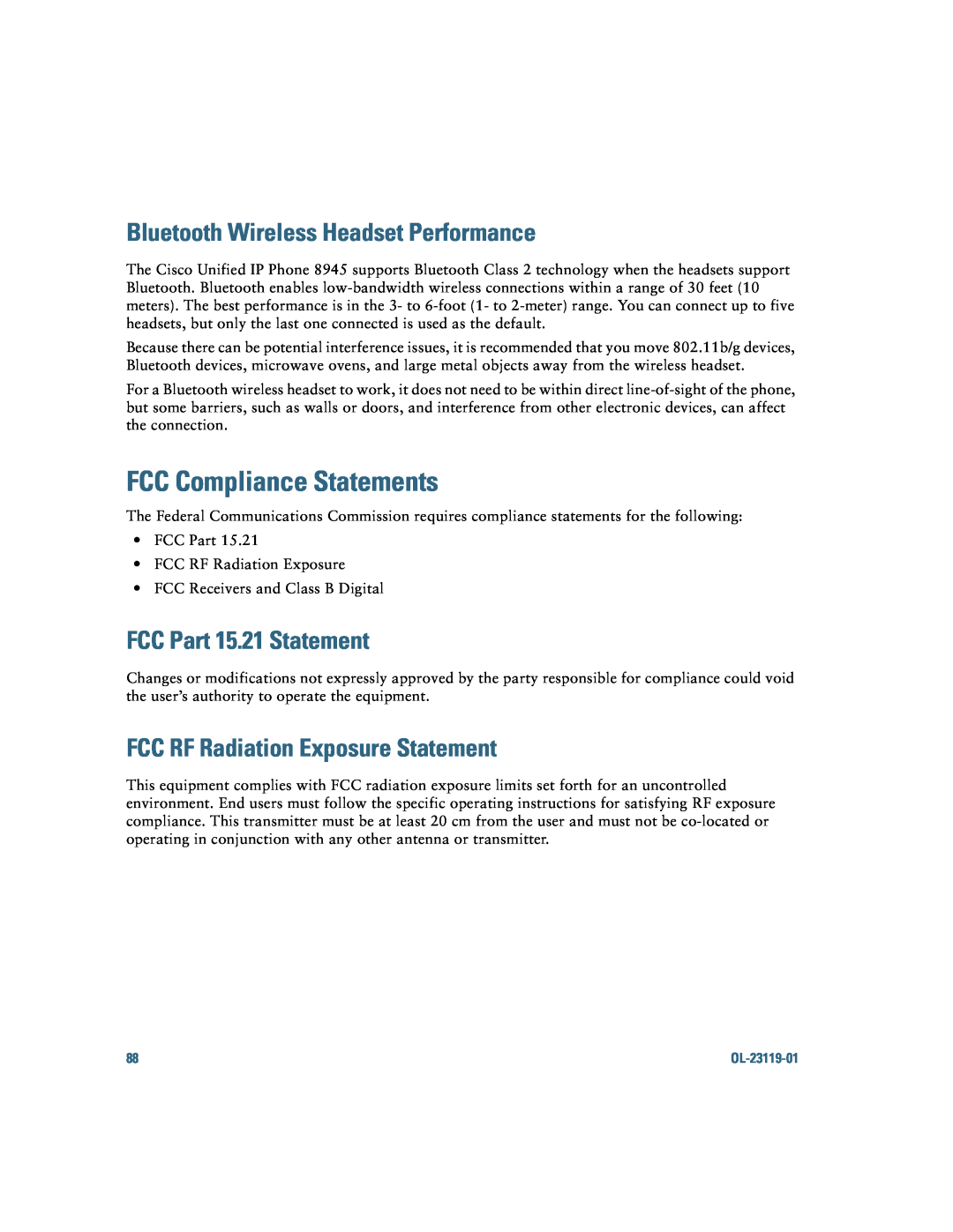 Cisco Systems IP Phone 8941 and 8945 manual FCC Compliance Statements, Bluetooth Wireless Headset Performance 