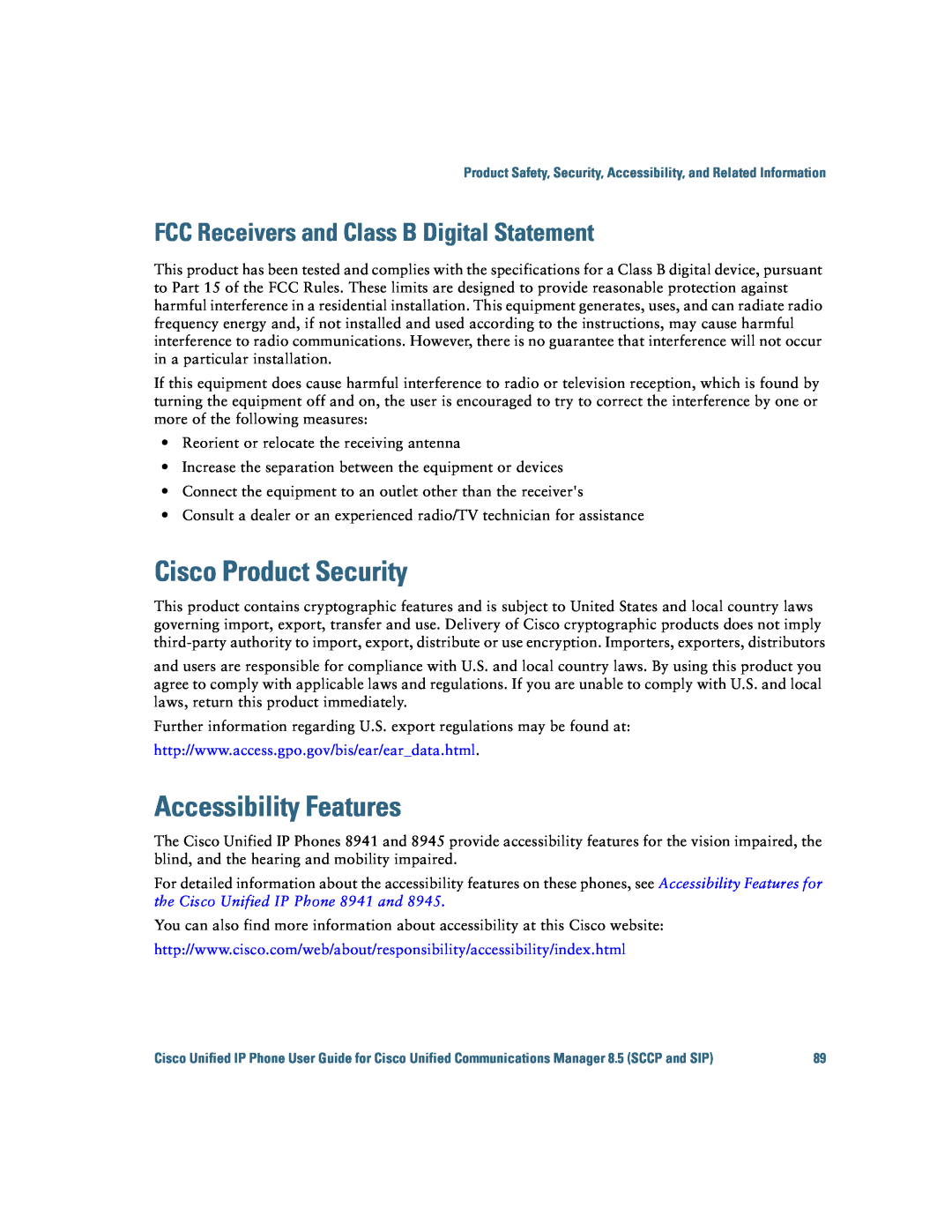 Cisco Systems IP Phone 8941 and 8945 manual Cisco Product Security, Accessibility Features 
