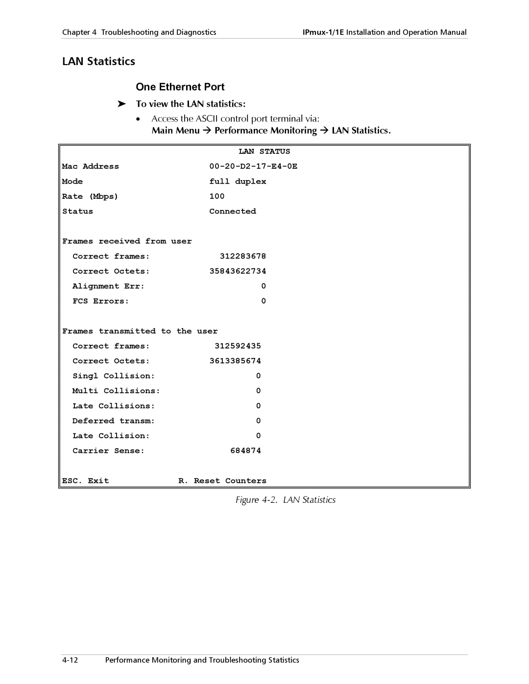 Cisco Systems IPMUX-1E operation manual LAN Statistics, One Ethernet Port, To view the LAN statistics, LAN Status 