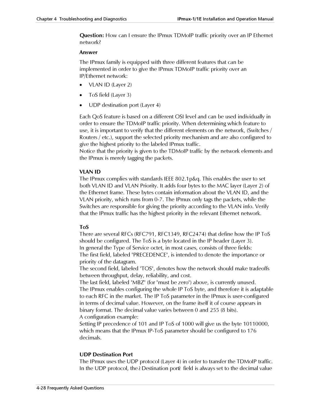 Cisco Systems IPMUX-1E operation manual ToS, UDP Destination Port 