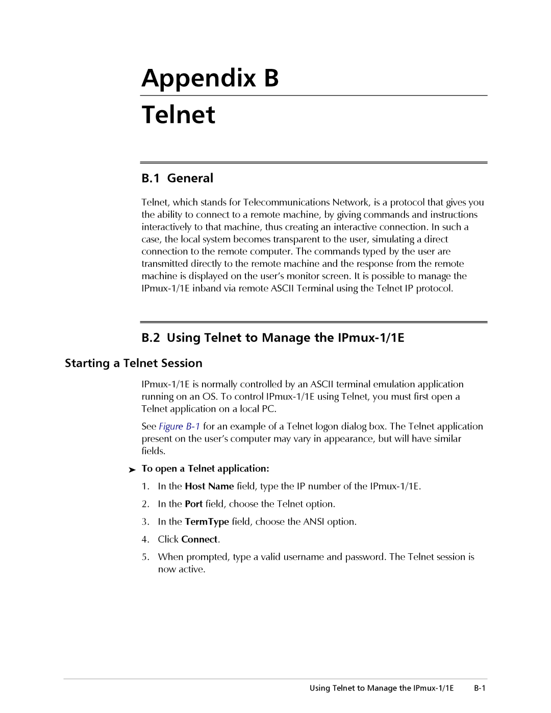 Cisco Systems IPMUX-1E Using Telnet to Manage the IPmux-1/1E, Starting a Telnet Session, To open a Telnet application 