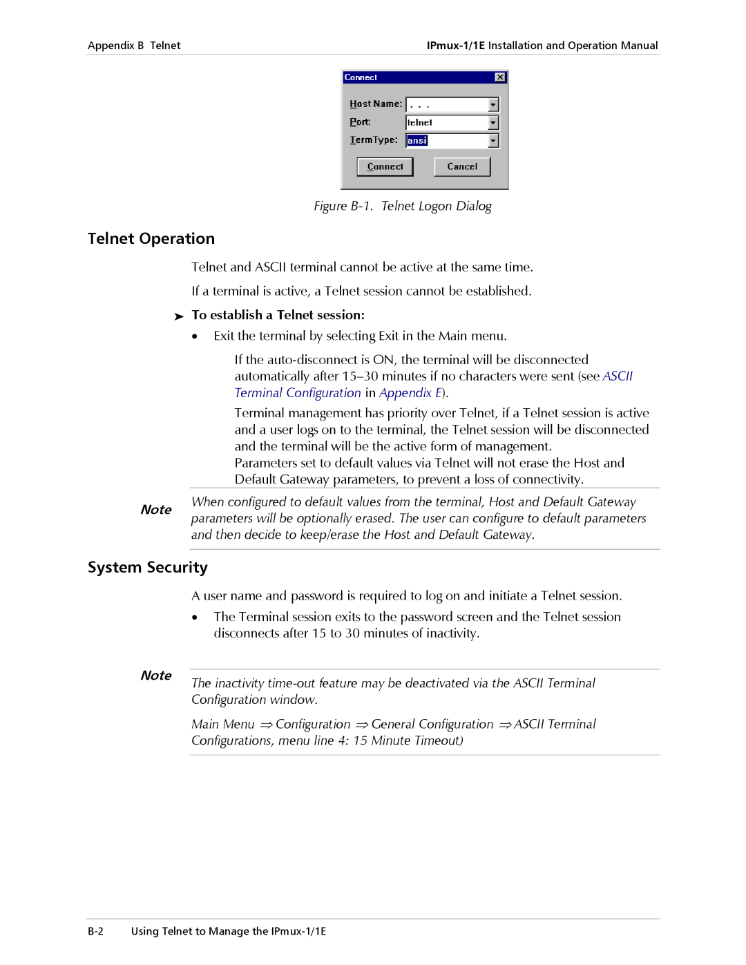 Cisco Systems IPMUX-1E operation manual Telnet Operation, System Security, To establish a Telnet session 