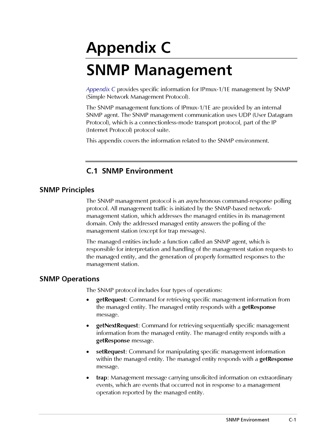 Cisco Systems IPMUX-1E operation manual Snmp Environment, Snmp Principles, Snmp Operations 