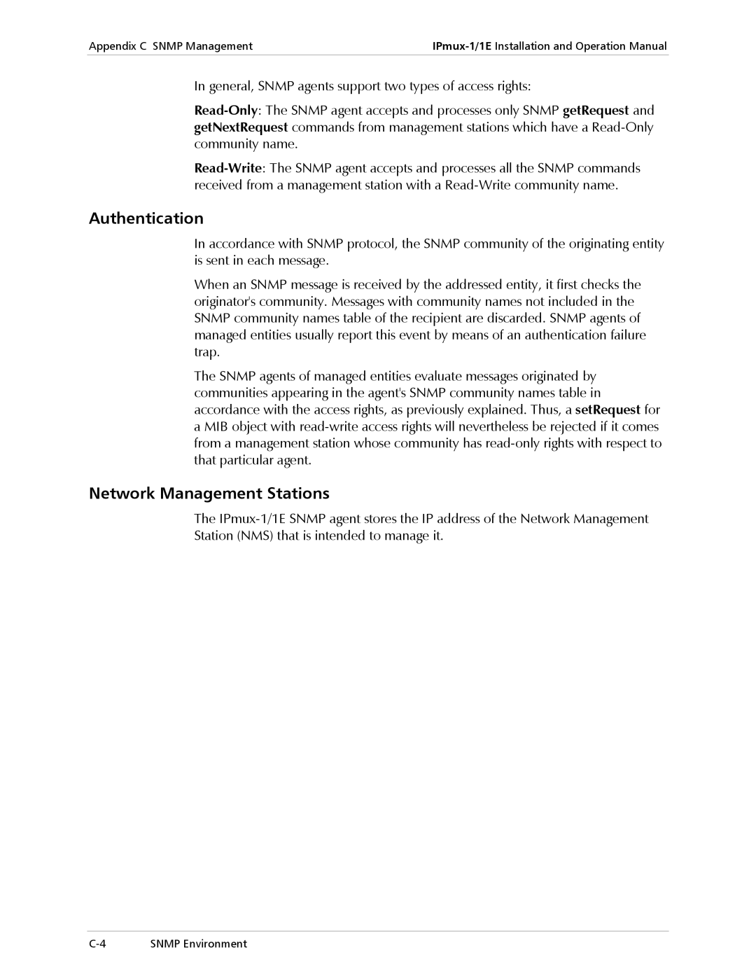 Cisco Systems IPMUX-1E operation manual Authentication, Network Management Stations 