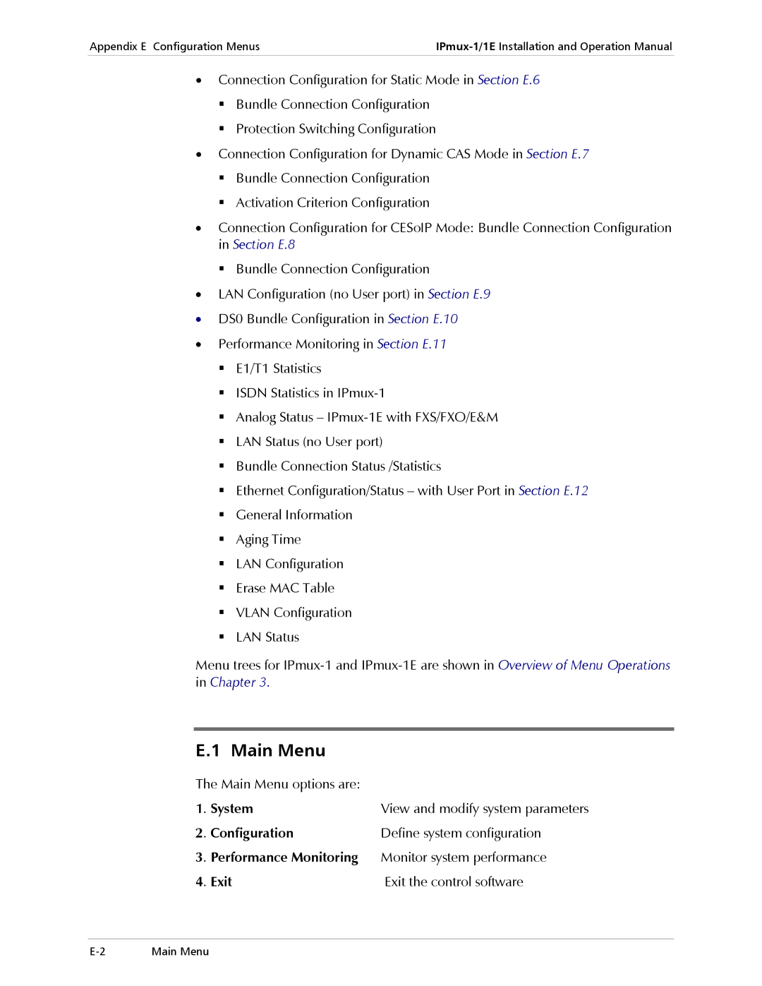 Cisco Systems IPMUX-1E operation manual Main Menu, System, Configuration, Performance Monitoring, Exit 