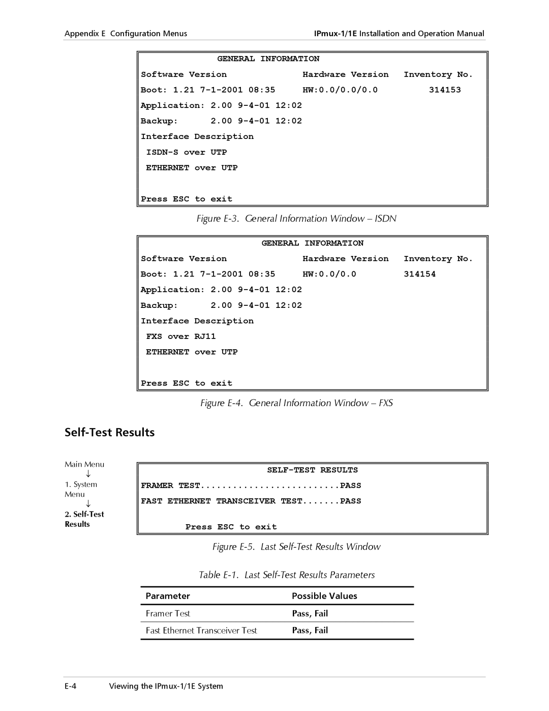 Cisco Systems IPMUX-1E operation manual Self-Test Results, Figure E-3. General Information Window Isdn 