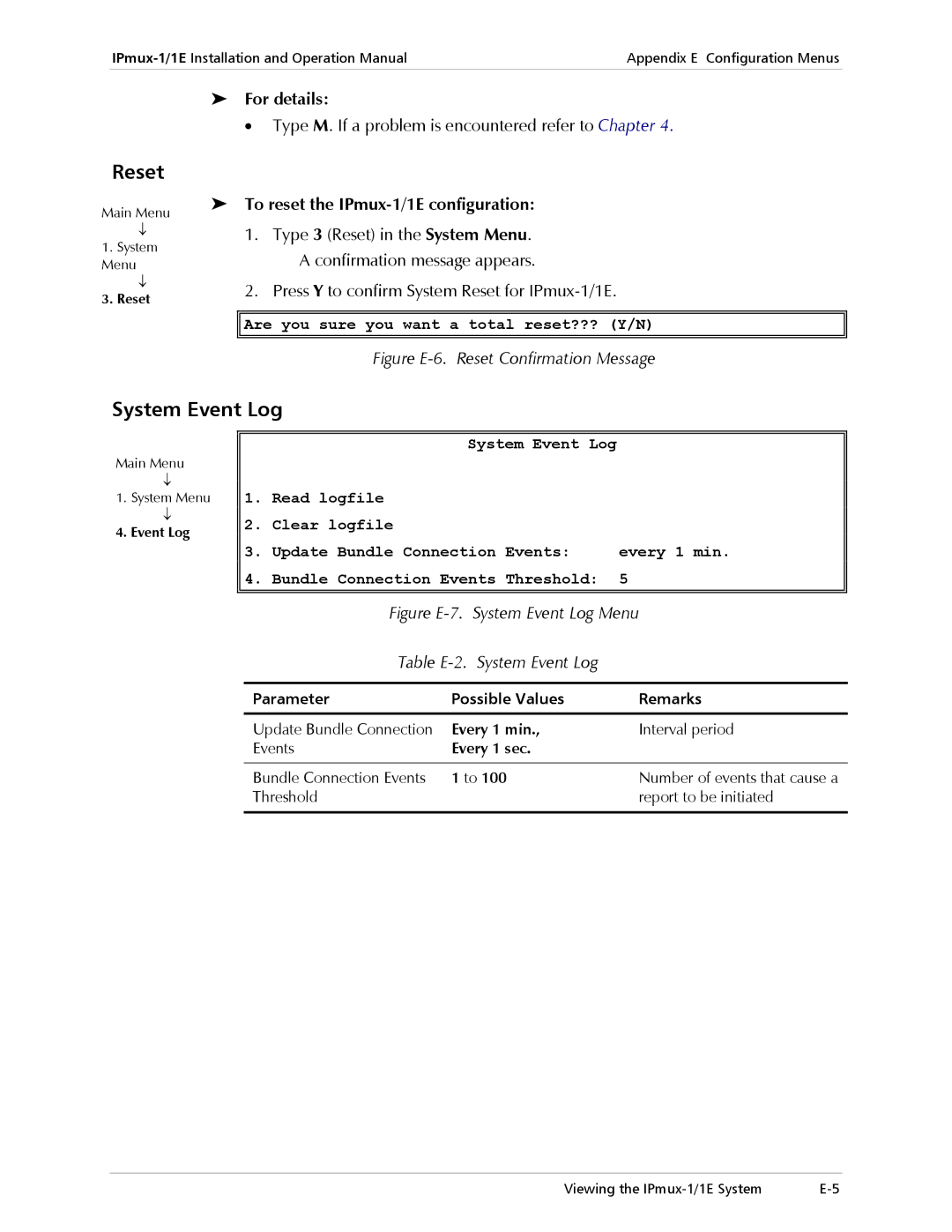 Cisco Systems IPMUX-1E operation manual Reset, System Event Log, For details, To reset the IPmux-1/1E configuration 