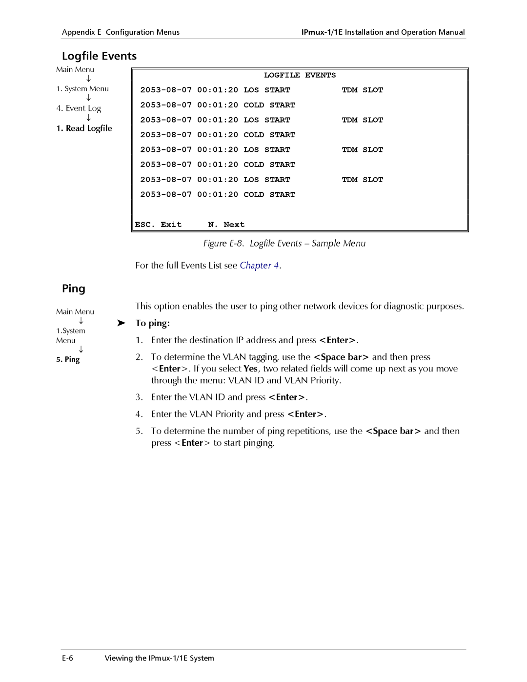 Cisco Systems IPMUX-1E operation manual Logfile Events, Ping, To ping, TDM Slot 