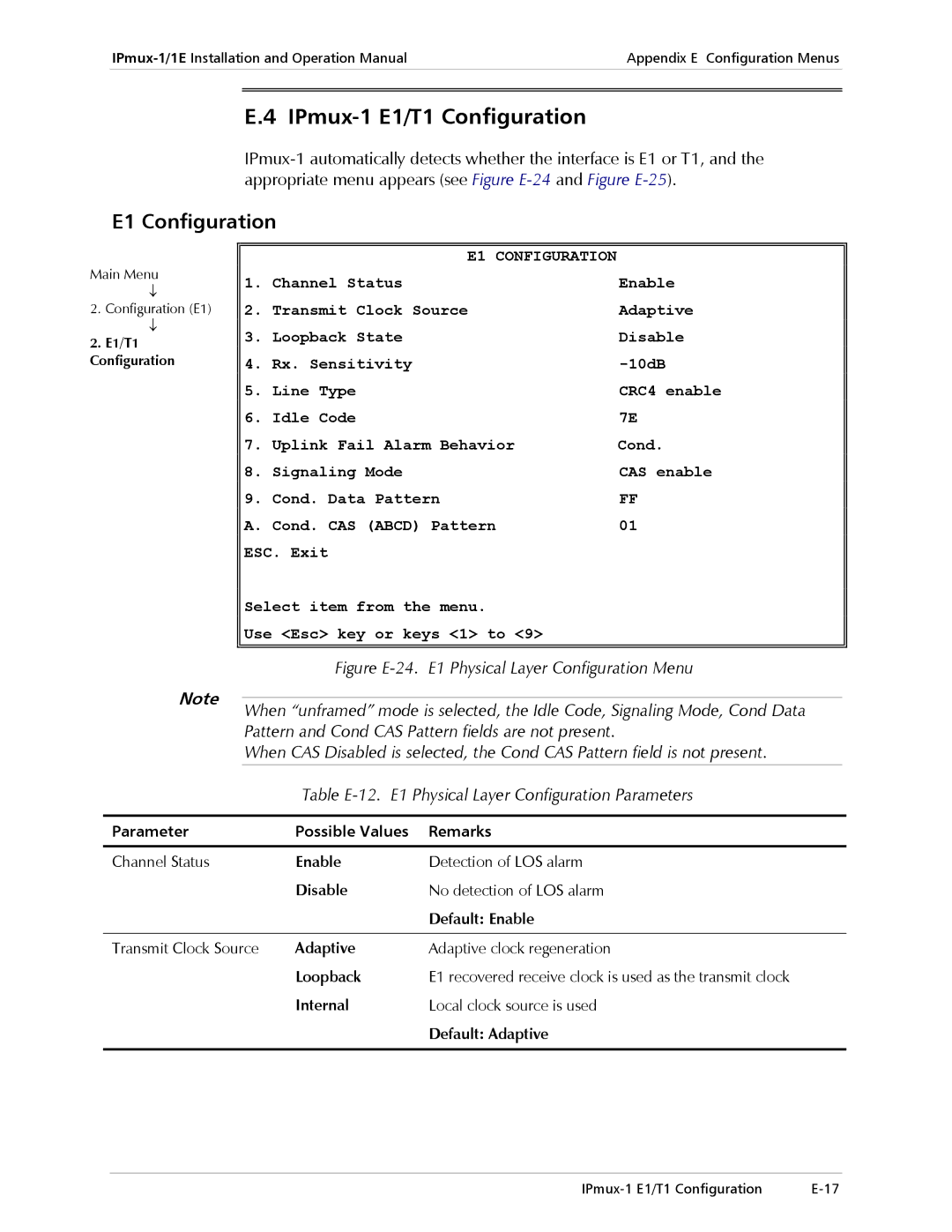 Cisco Systems IPMUX-1E operation manual IPmux-1 E1/T1 Configuration, E1 Configuration 