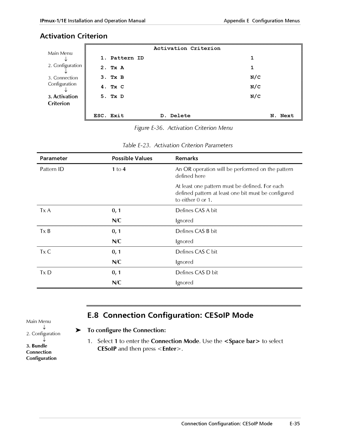 Cisco Systems IPMUX-1E operation manual Connection Configuration CESoIP Mode, Activation Criterion 