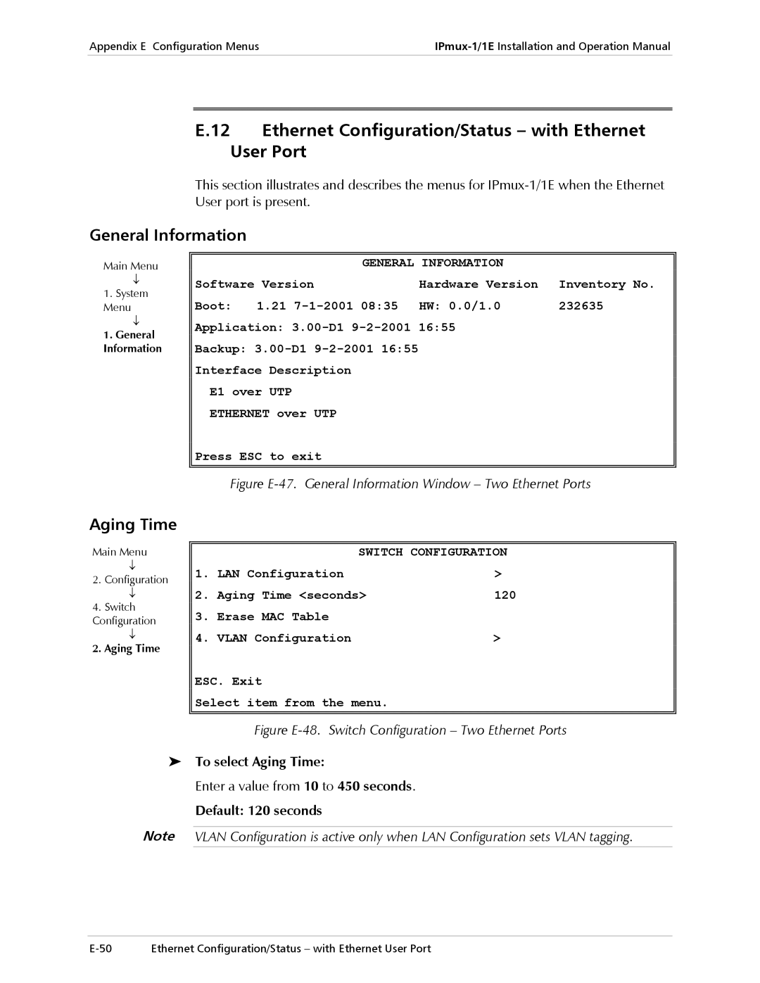 Cisco Systems IPMUX-1 Ethernet Configuration/Status with Ethernet User Port, To select Aging Time, Default 120 seconds 