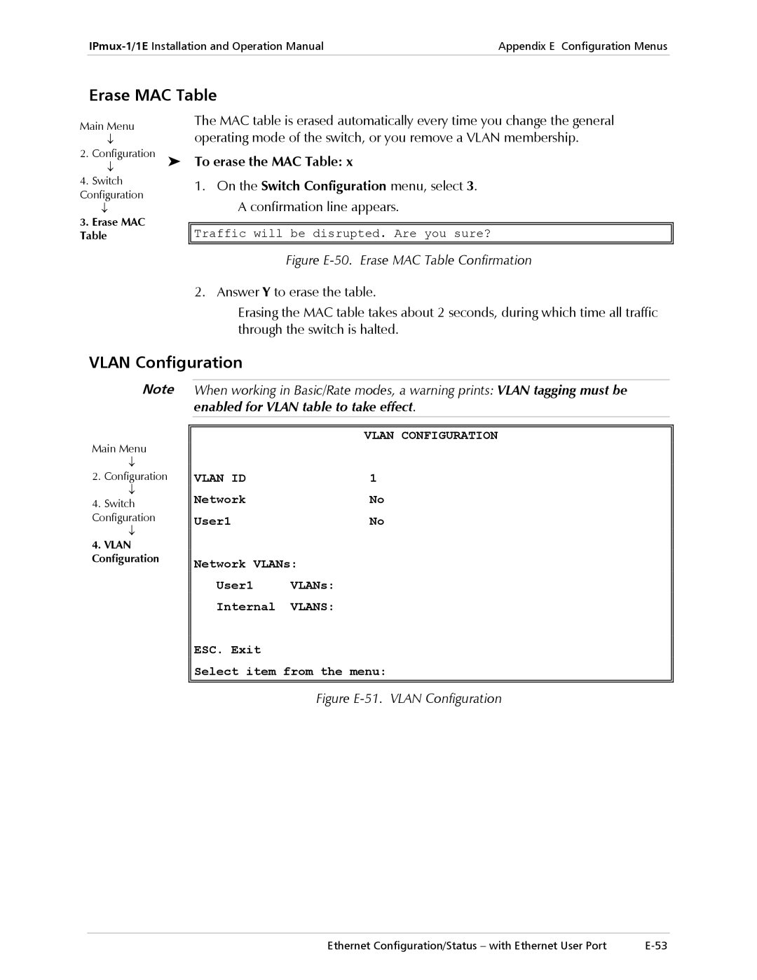 Cisco Systems IPMUX-1E operation manual Erase MAC Table, To erase the MAC Table, Vlan Configuration Vlan ID 