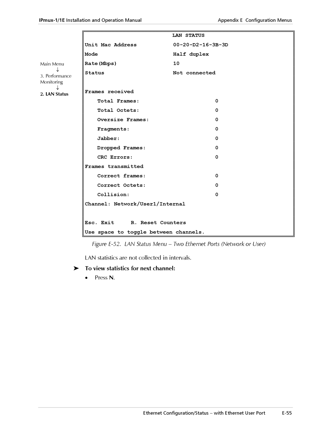 Cisco Systems IPMUX-1E operation manual To view statistics for next channel, LAN Status 