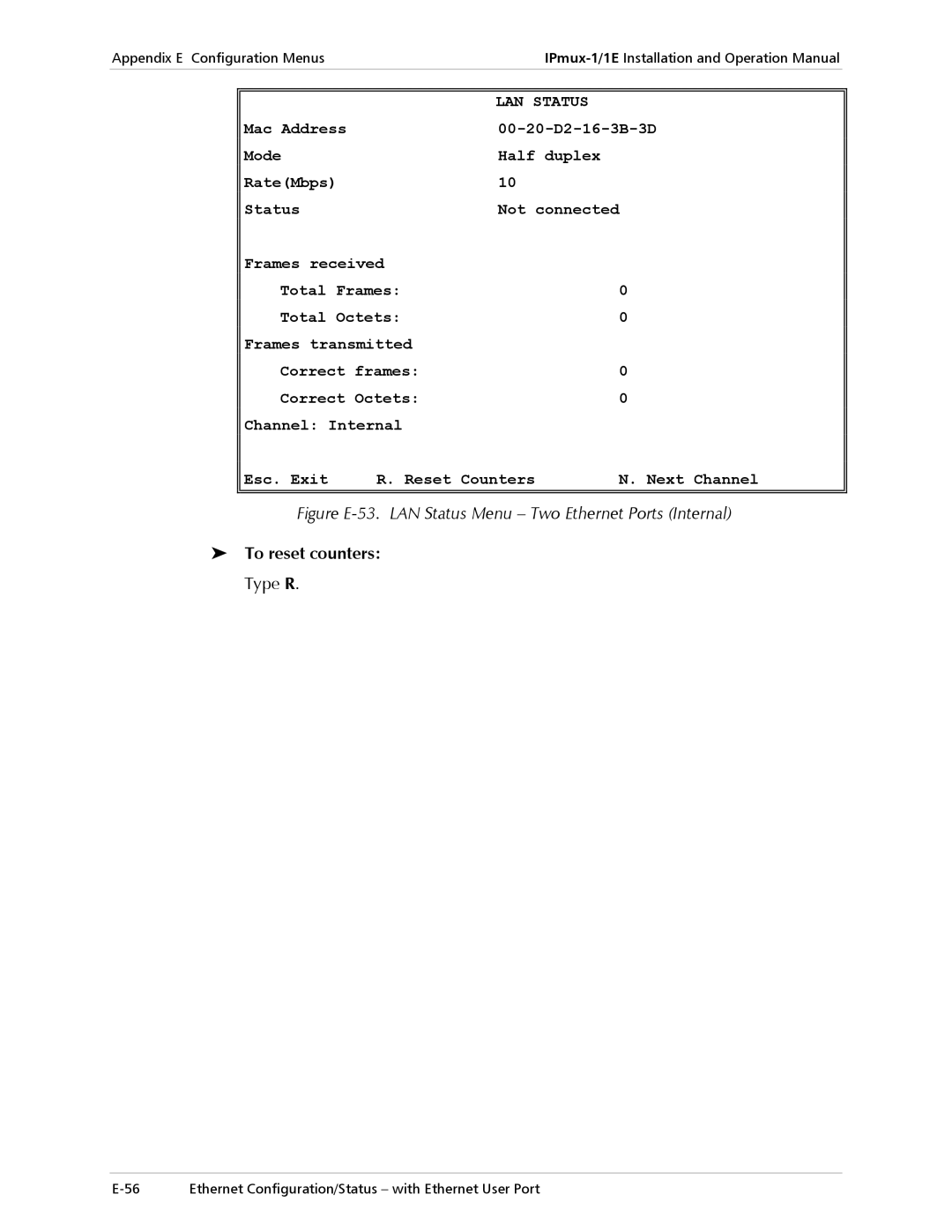 Cisco Systems IPMUX-1E operation manual Figure E-53. LAN Status Menu Two Ethernet Ports Internal 