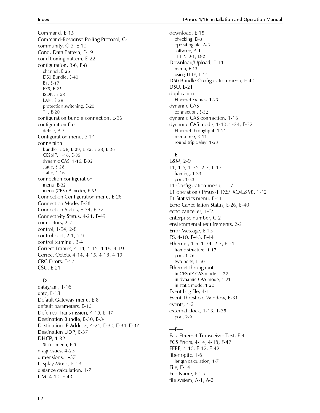 Cisco Systems IPMUX-1E operation manual Configuration menu, 3-14 connection, Datagram, 1-16 date, E-13 