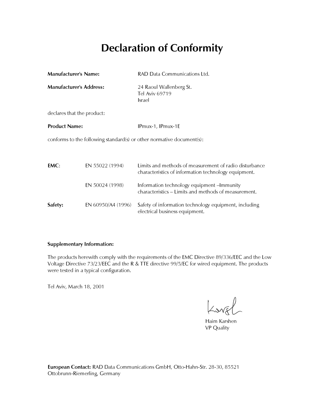 Cisco Systems IPMUX-1E operation manual Declaration of Conformity 