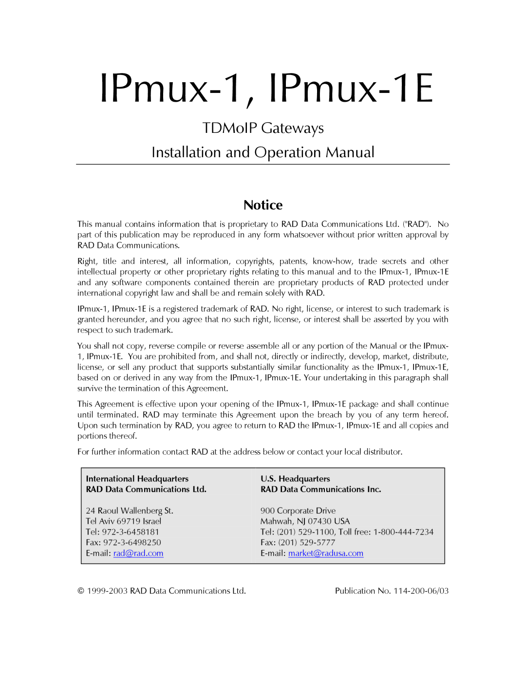 Cisco Systems IPMUX-1E operation manual IPmux-1, IPmux-1E, International Headquarters RAD Data Communications Inc 