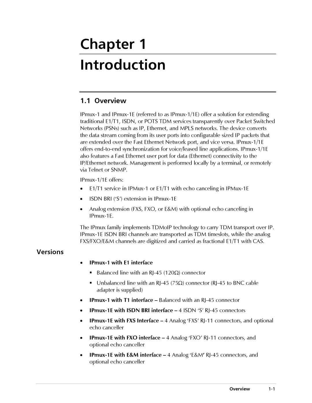 Cisco Systems IPMUX-1E operation manual Overview, Versions, IPmux-1 with E1 interface 