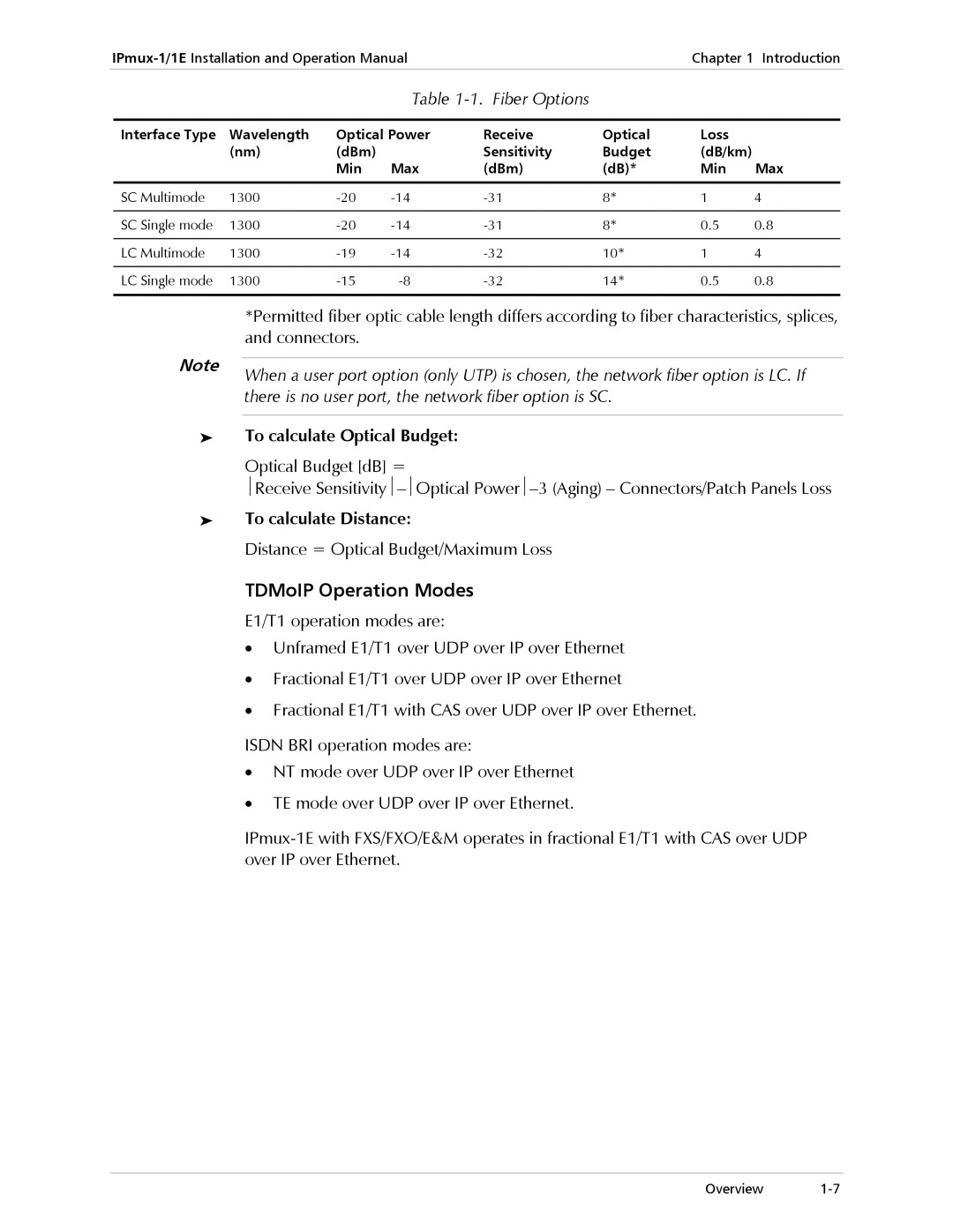 Cisco Systems IPMUX-1E Fiber Options, There is no user port, the network fiber option is SC, To calculate Optical Budget 