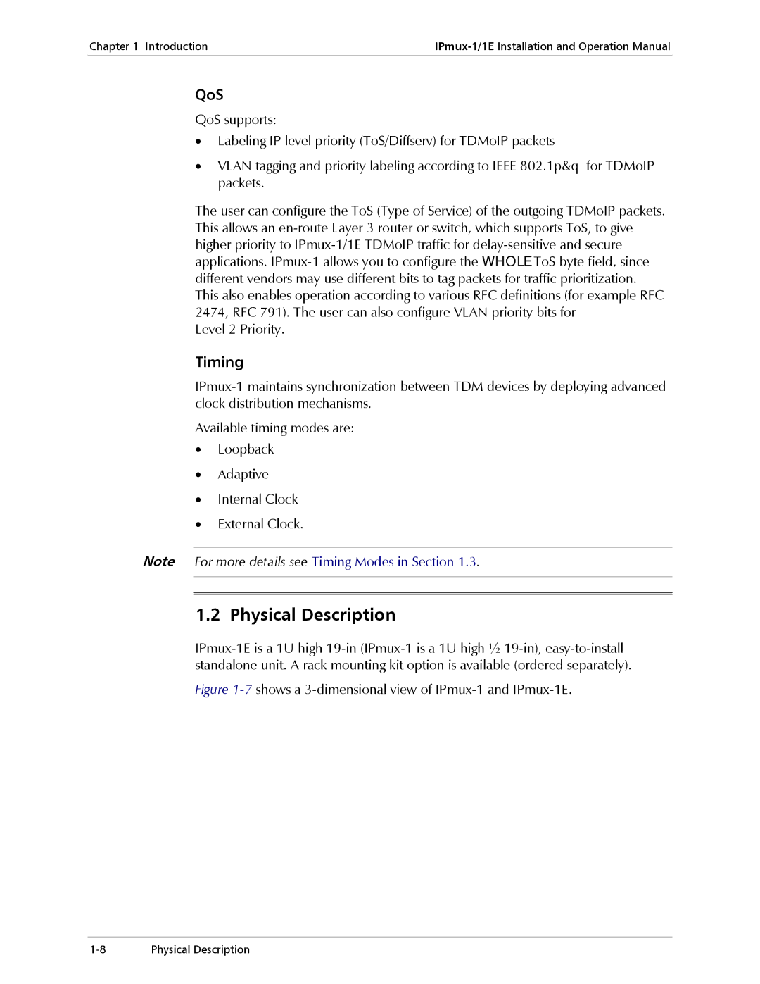 Cisco Systems IPMUX-1E operation manual Physical Description, QoS, Timing 