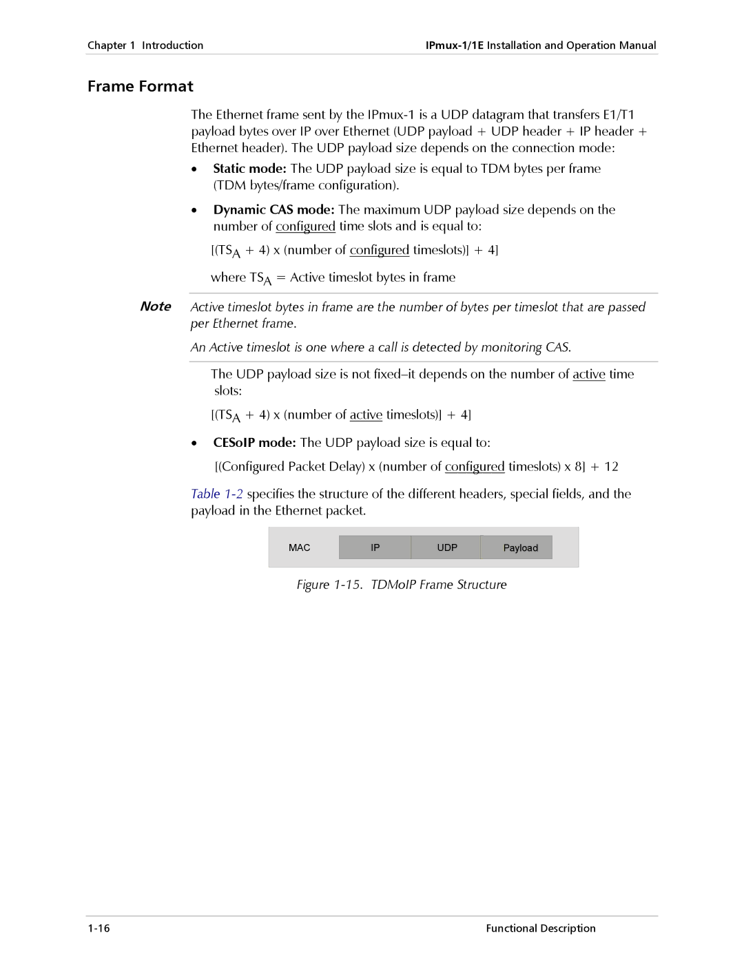 Cisco Systems IPMUX-1E operation manual Frame Format, TDMoIP Frame Structure 