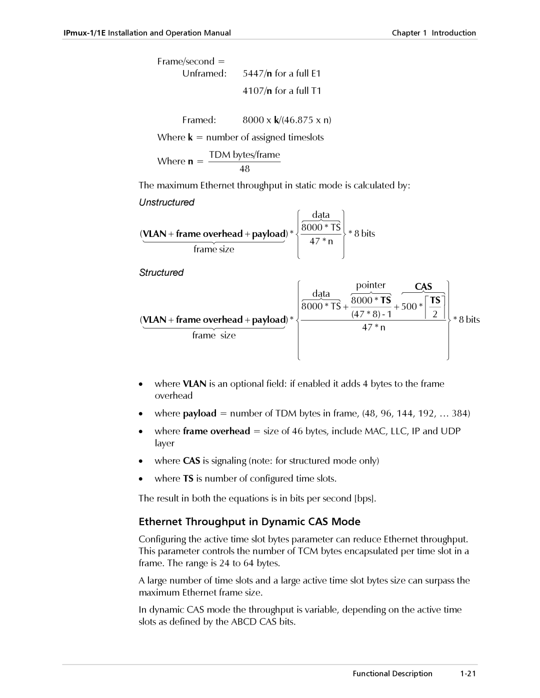 Cisco Systems IPMUX-1E operation manual Ethernet Throughput in Dynamic CAS Mode, Unstructured, Structured 