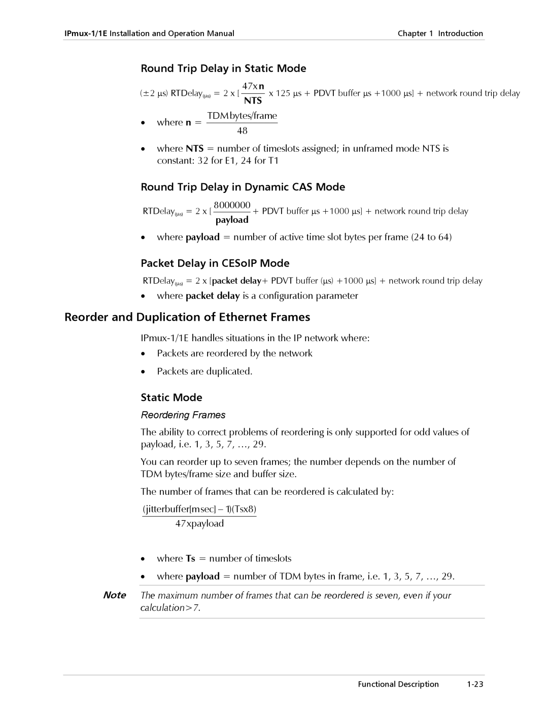 Cisco Systems IPMUX-1E Reorder and Duplication of Ethernet Frames, Round Trip Delay in Static Mode, Reordering Frames 