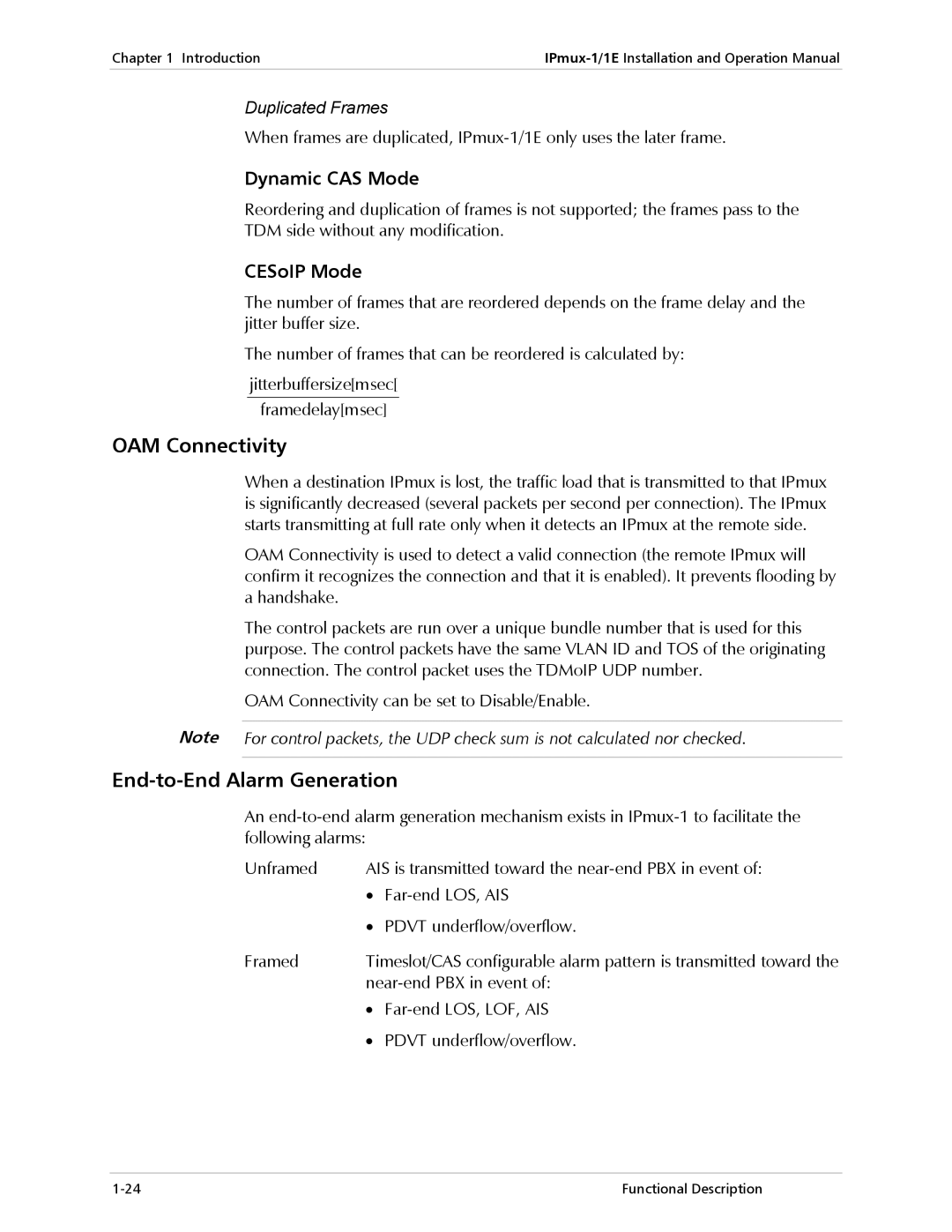 Cisco Systems IPMUX-1E operation manual OAM Connectivity, End-to-End Alarm Generation, Duplicated Frames 