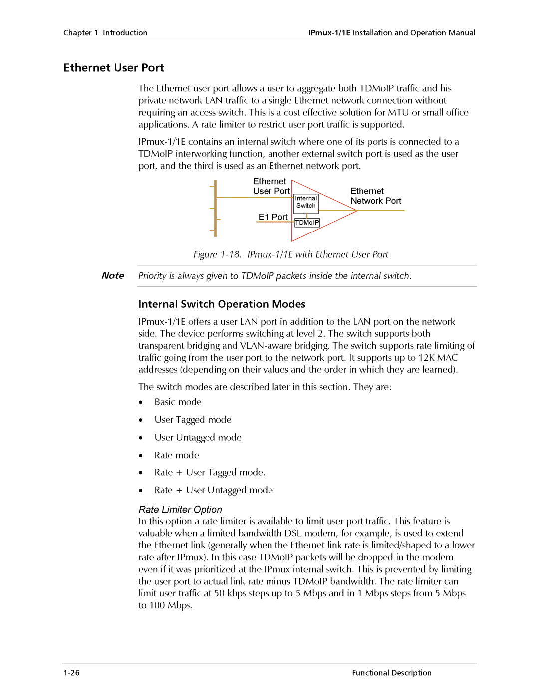 Cisco Systems IPMUX-1E operation manual Ethernet User Port, Internal Switch Operation Modes, Rate Limiter Option 