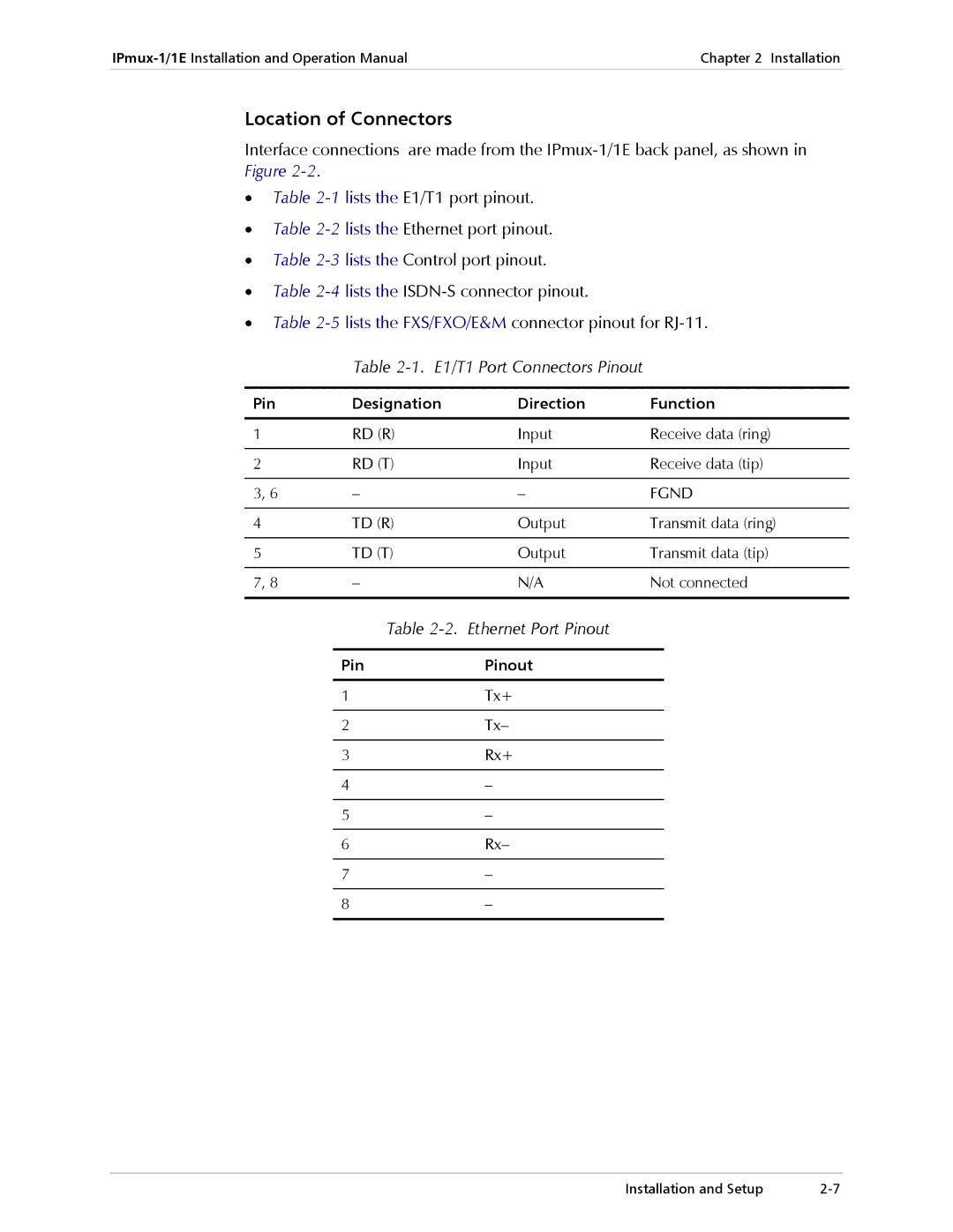 Cisco Systems IPMUX-1E Location of Connectors, E1/T1 Port Connectors Pinout, Ethernet Port Pinout, Pin Pinout 