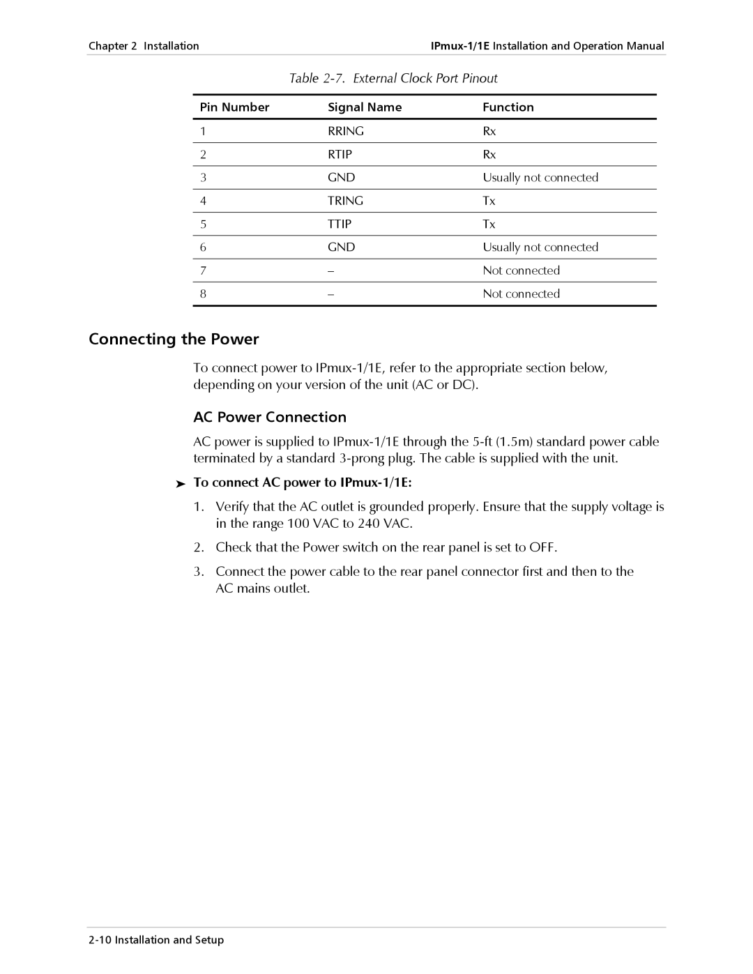 Cisco Systems IPMUX-1E operation manual Connecting the Power, AC Power Connection, External Clock Port Pinout 