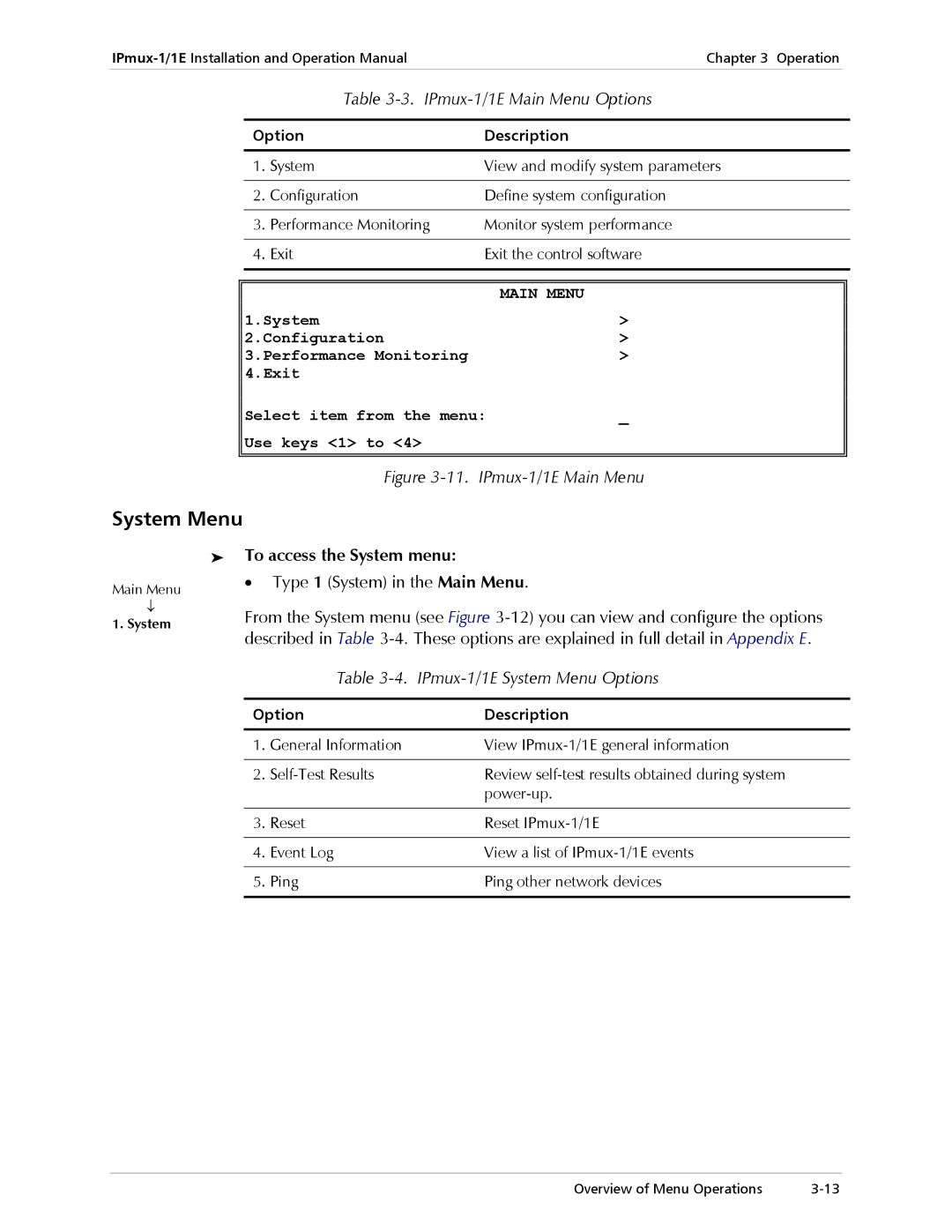 Cisco Systems IPMUX-1E operation manual System Menu, IPmux-1/1E Main Menu Options, To access the System menu 