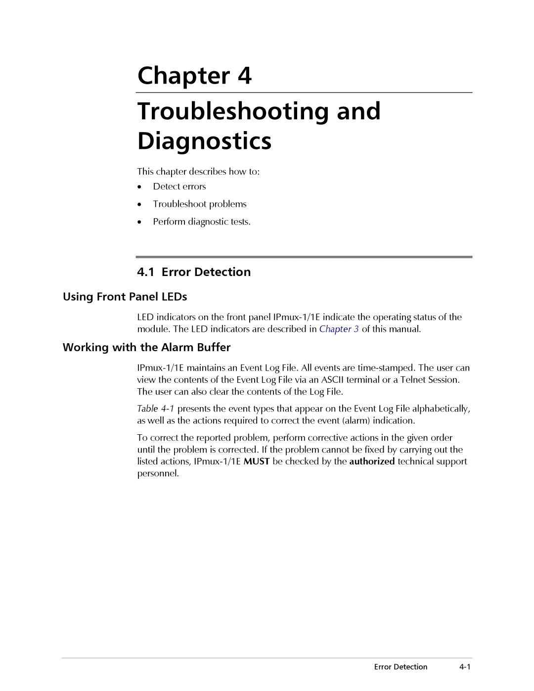 Cisco Systems IPMUX-1E operation manual Error Detection, Using Front Panel LEDs, Working with the Alarm Buffer 