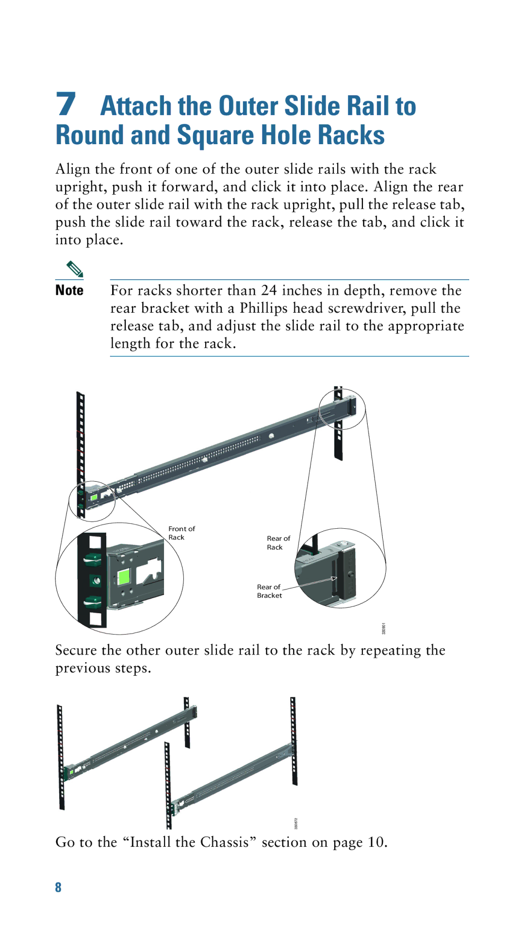 Cisco Systems ASA5500XSSD120, IPS4345, IPS4360, S170, C170, M170 Attach the Outer Slide Rail to Round and Square Hole Racks 