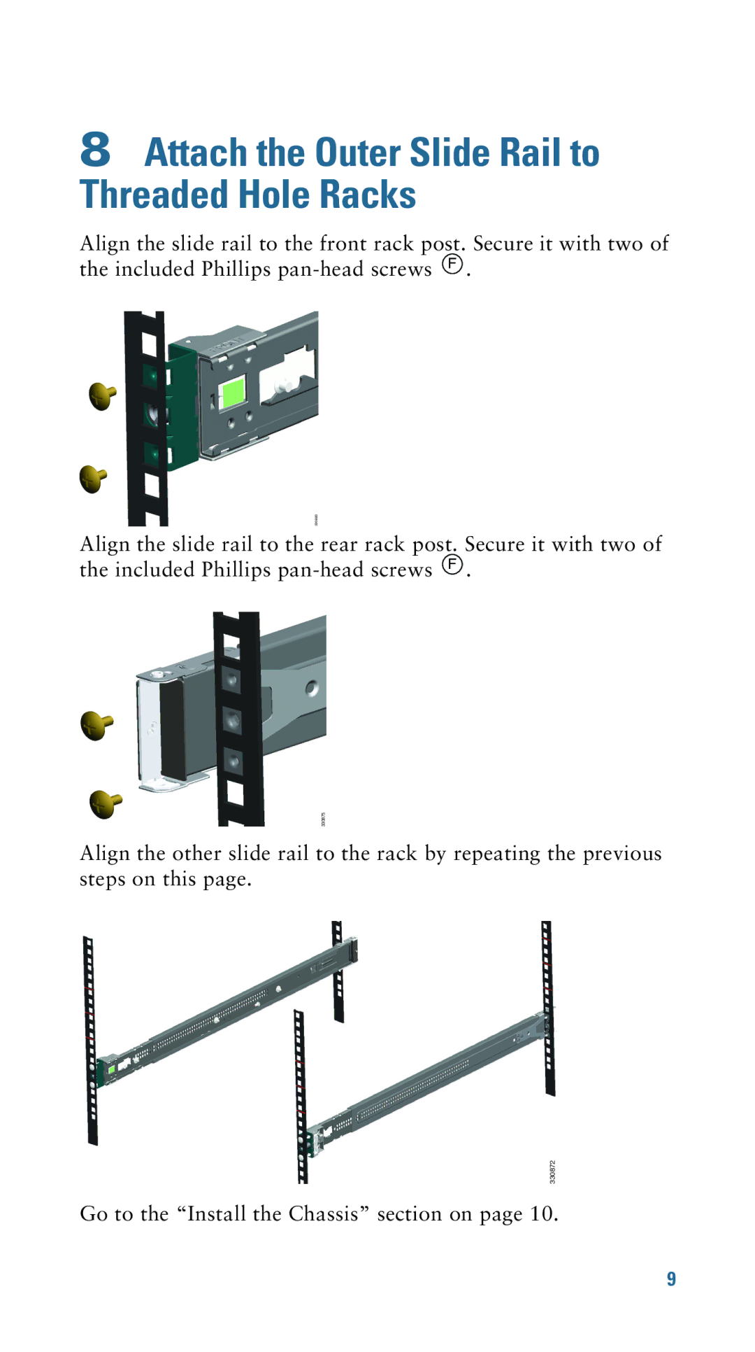 Cisco Systems 5545-X, IPS4345, IPS4360, S170, C170, M170, 5512-X, 5525-X Attach the Outer Slide Rail to Threaded Hole Racks 