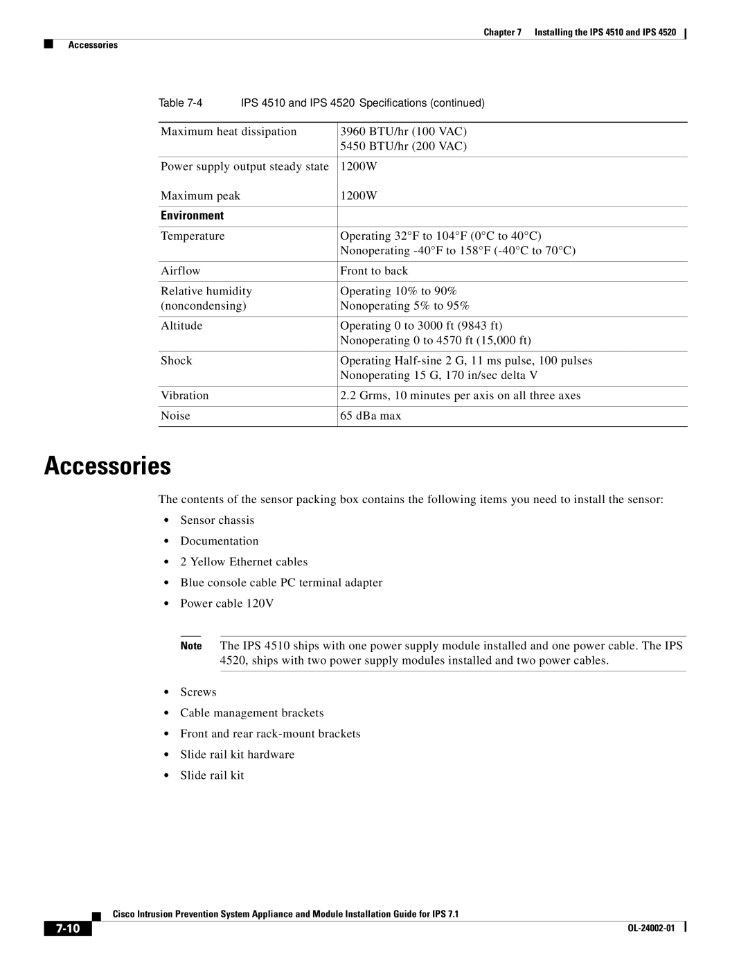 Cisco Systems IPS4510K9, IPS4520K9 specifications Accessories, Environment 