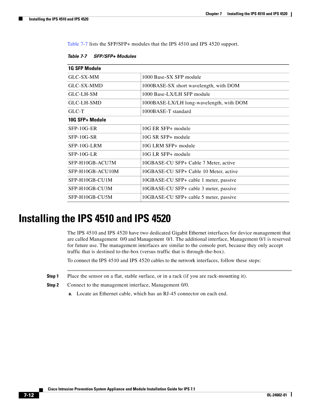 Cisco Systems IPS4510K9, IPS4520K9 specifications Installing the IPS 4510 and IPS, 1G SFP Module 