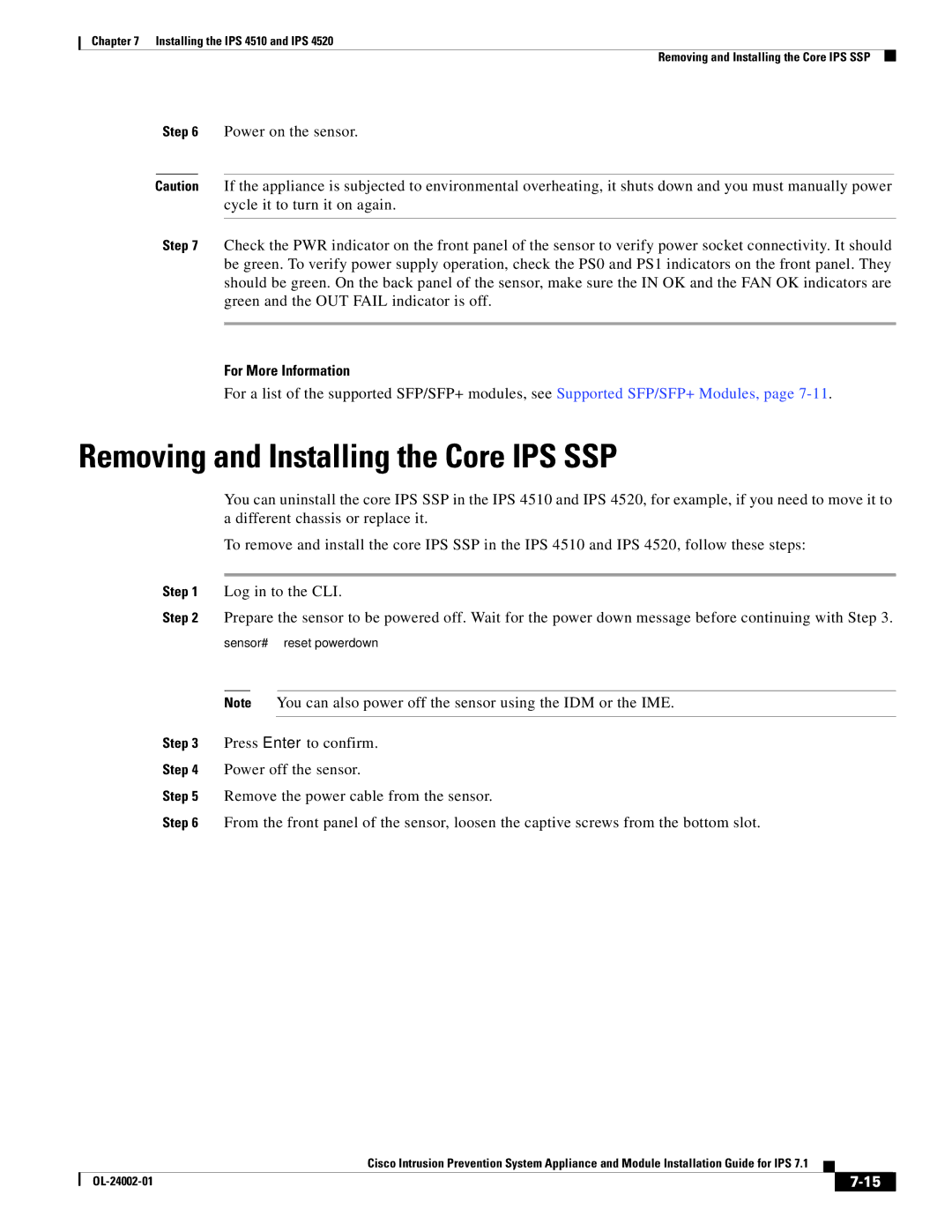 Cisco Systems IPS4520K9, IPS4510K9 specifications Removing and Installing the Core IPS SSP 