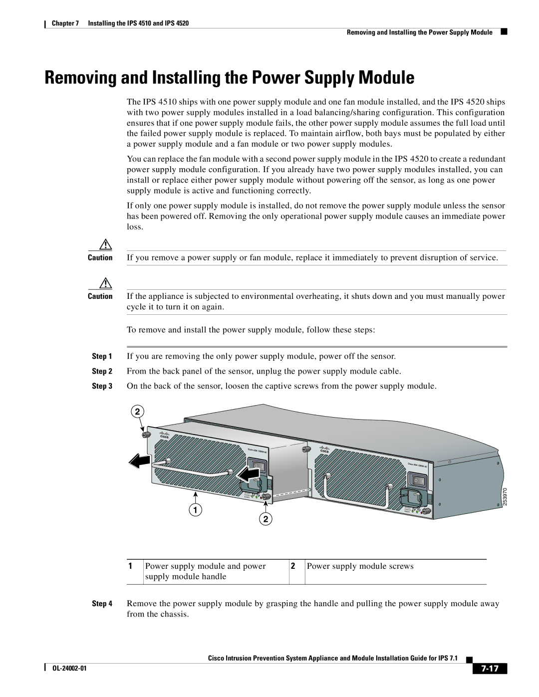 Cisco Systems IPS4520K9, IPS4510K9 specifications Removing and Installing the Power Supply Module 