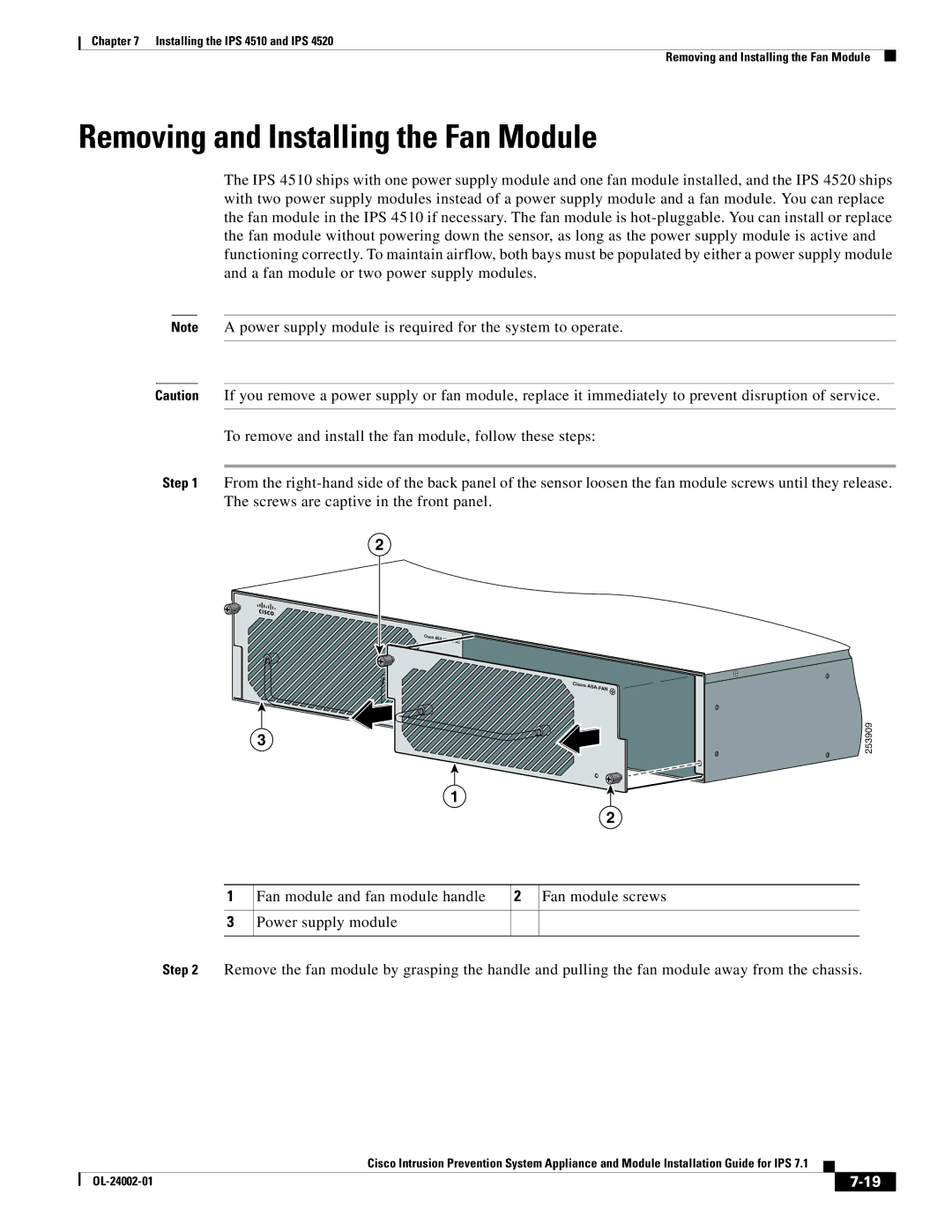 Cisco Systems IPS4520K9, IPS4510K9 specifications Removing and Installing the Fan Module 