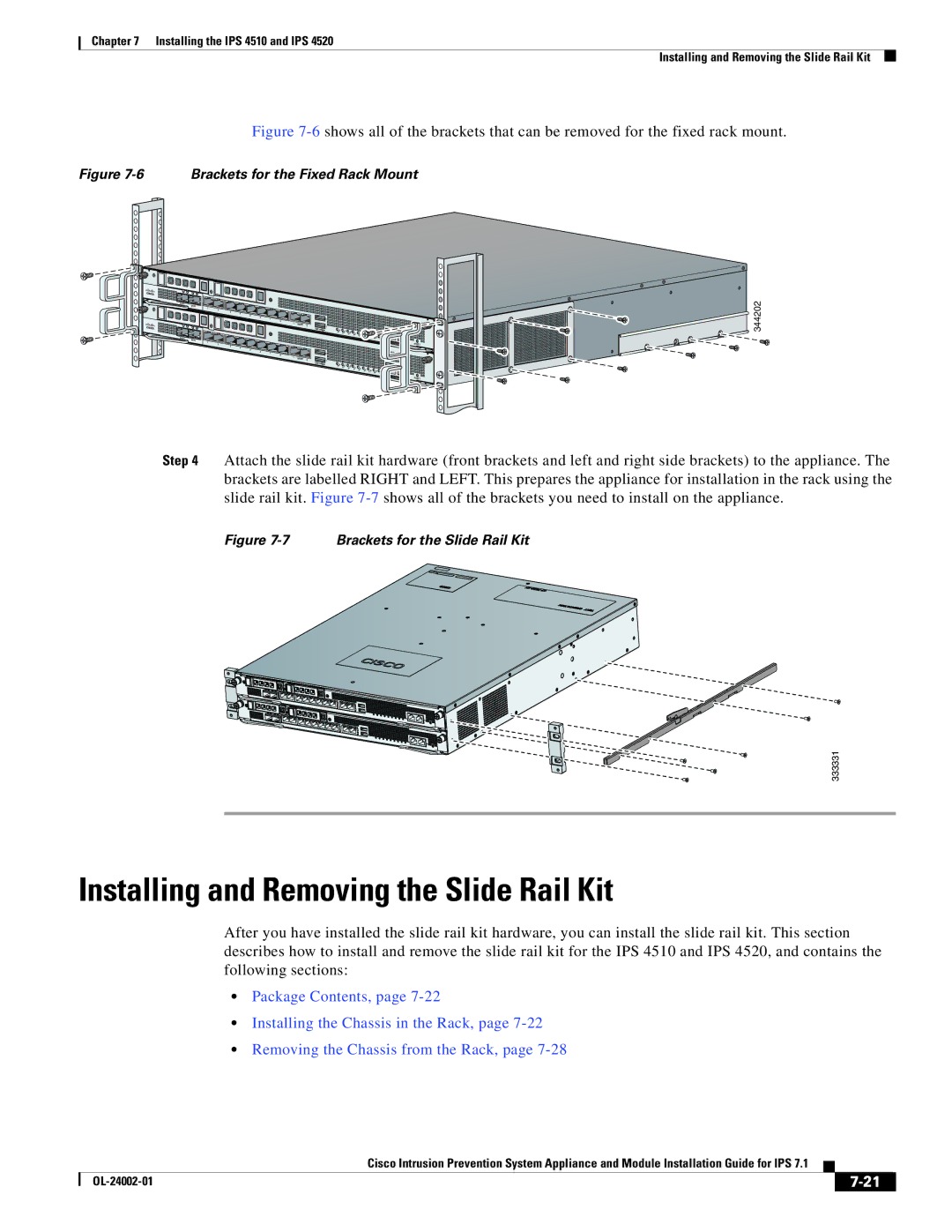 Cisco Systems IPS4520K9, IPS4510K9 specifications Installing and Removing the Slide Rail Kit, 344202 