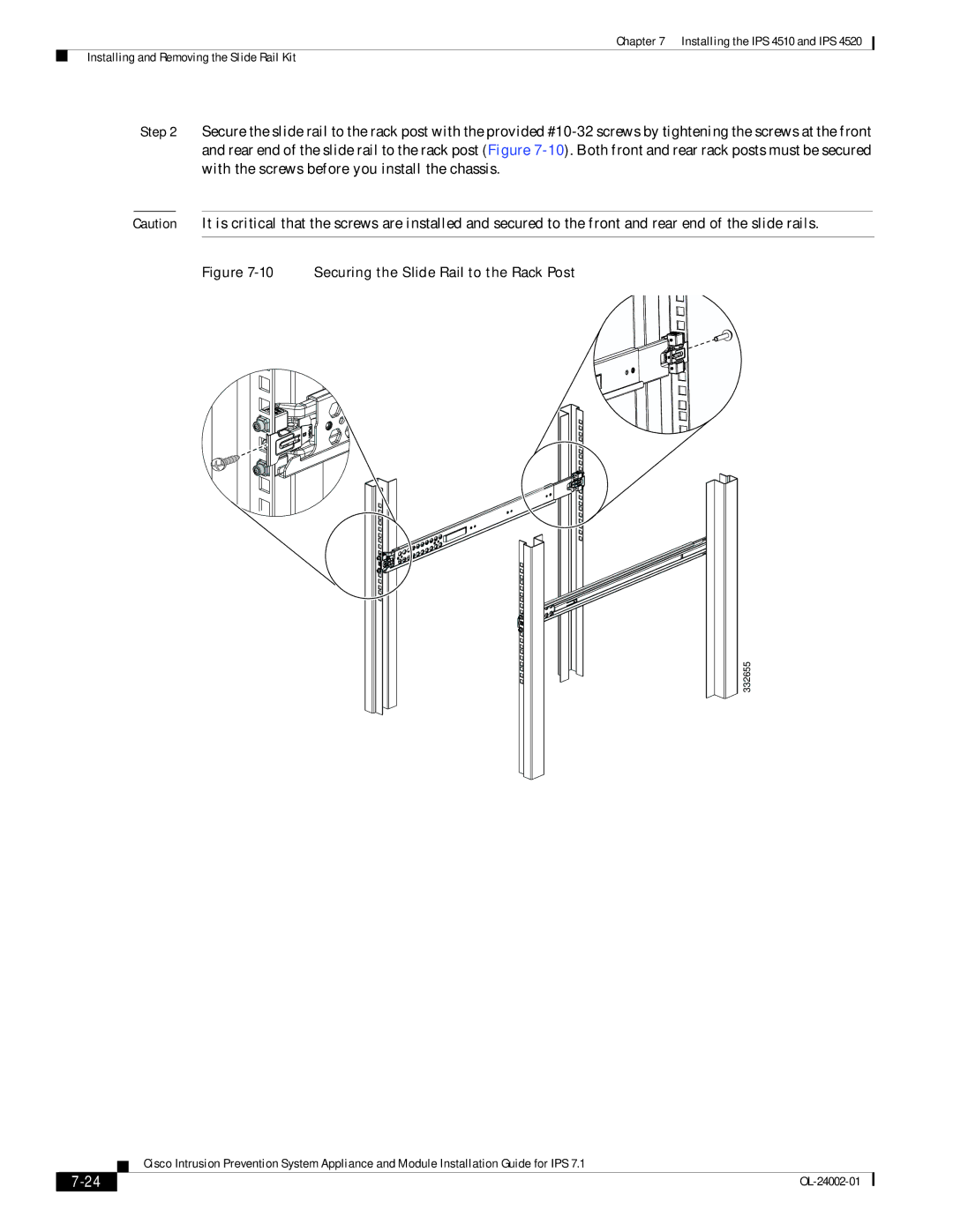 Cisco Systems IPS4510K9, IPS4520K9 specifications Securing the Slide Rail to the Rack Post 